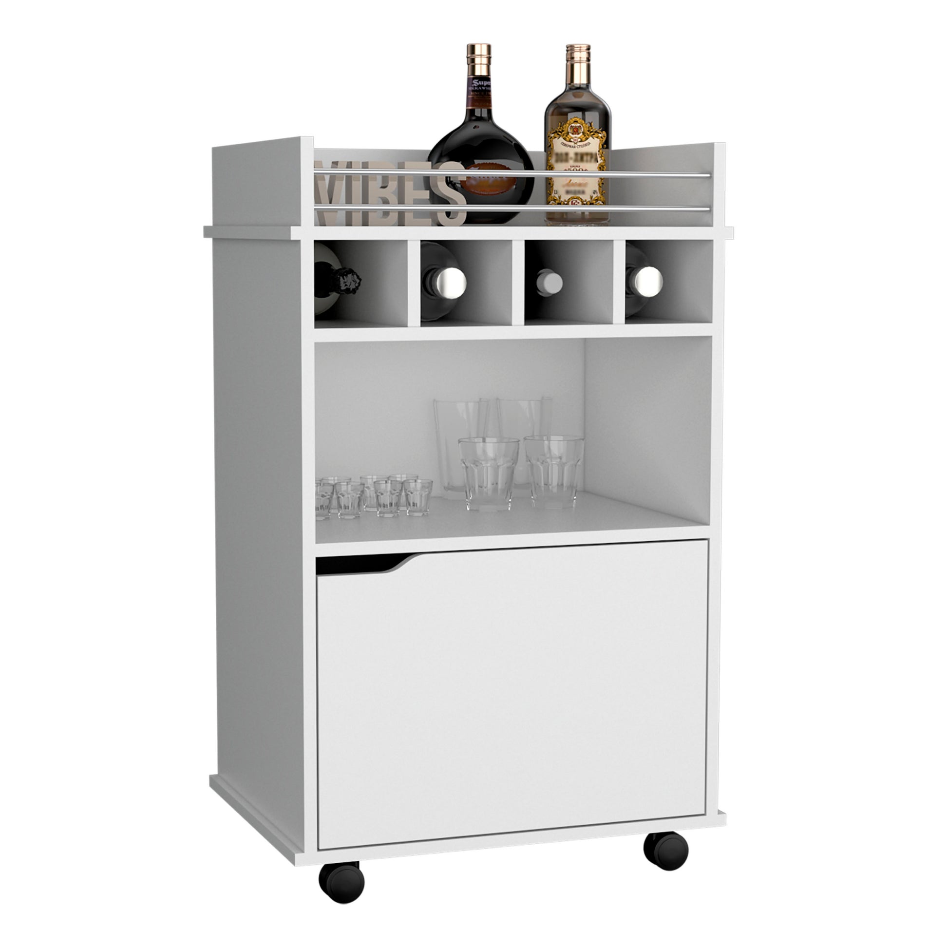 35" H Bar Cart With Two Shelves Four Wine Cubbies And One Cabinet,White White Particle Board Pine