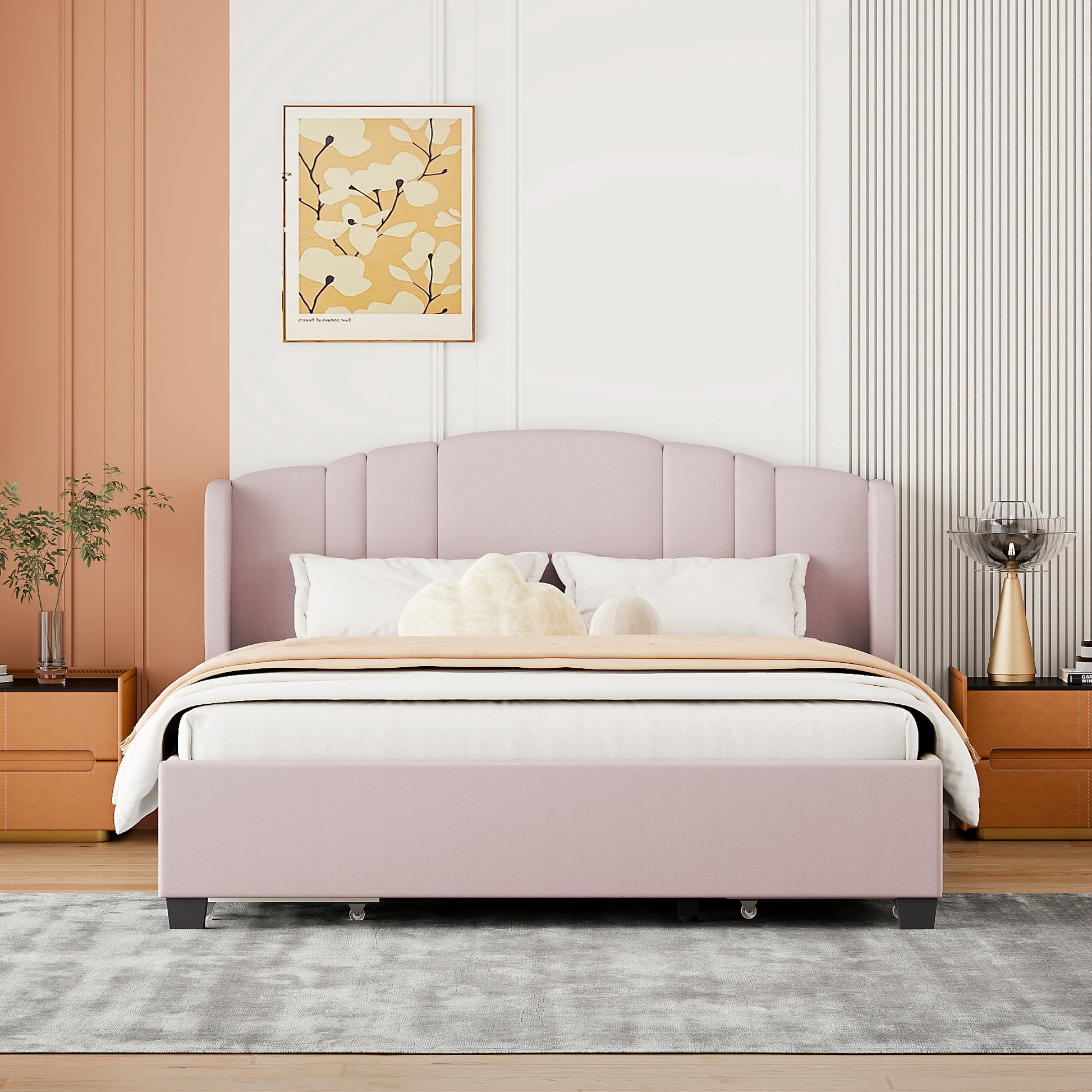 Upholstered Platform Bed With Wingback Headboard And 4 Drawers, No Box Spring Needed, Linen Fabric, Queen Size Pink Pink Upholstered