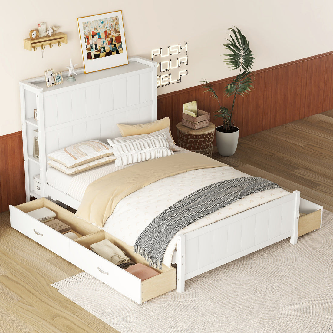 Full Size Platform Bed With Drawers And Storage Shelves, White Antique White Solid Wood Mdf