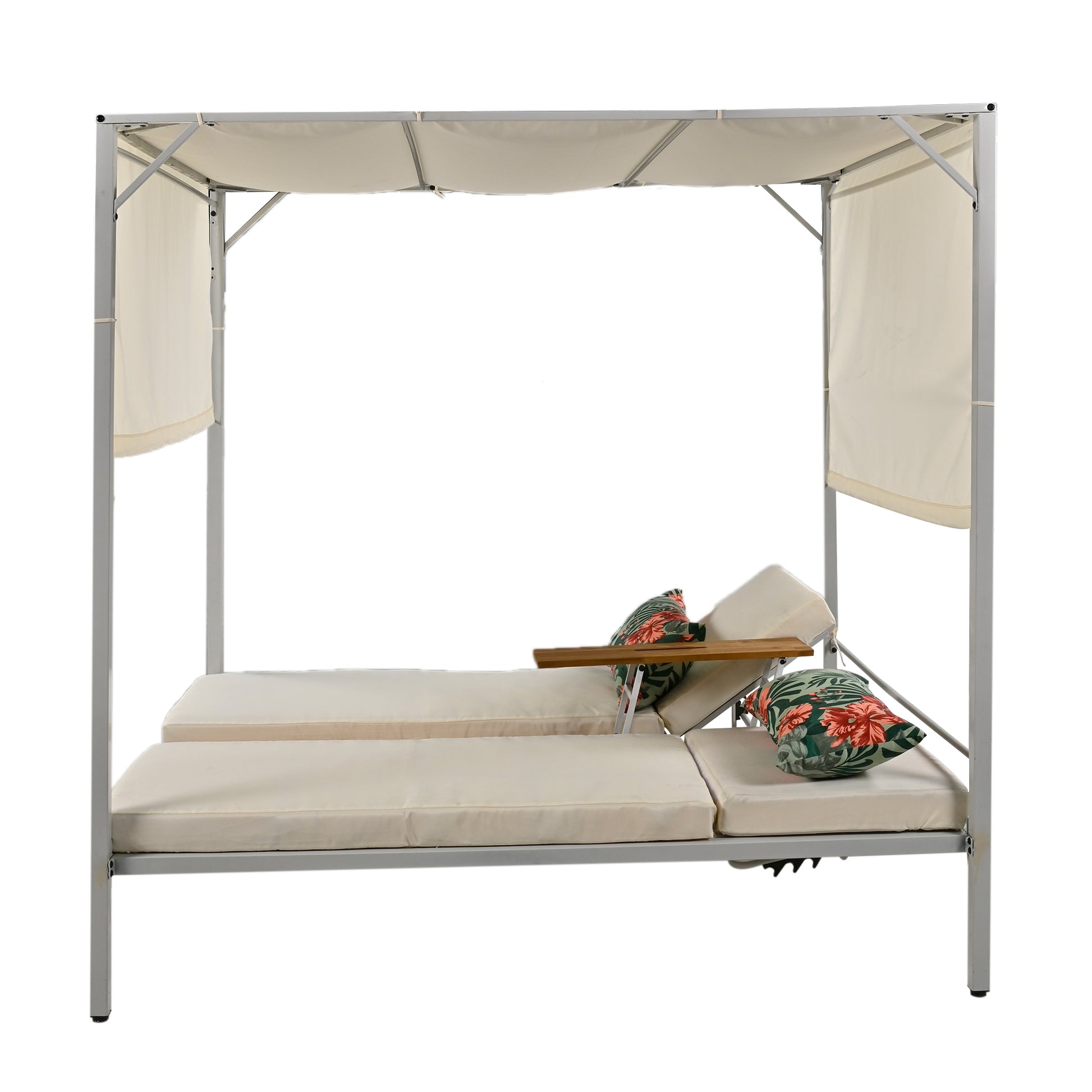 Outdoor Patio Sunbed Daybed With Cushions, Adjustable Seats Beige Steel