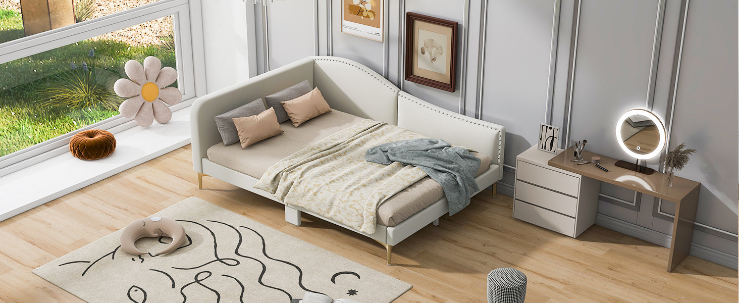 Full Size Upholstered Daybed With Headboard And Armrest, Support Legs, Beige Box Spring Not Required Full Beige Wood Daybeds Linen Upholstered