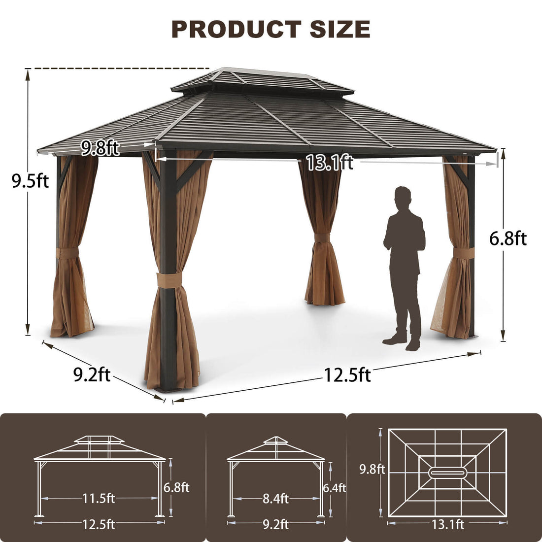 10X13Ft Galvanized Steel Gazebos With Netting & Curtains Brown Rectangular Garden & Outdoor Uv Resistant Gazebos Anchored Aluminium Alloy