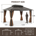 10X13Ft Galvanized Steel Gazebos With Netting & Curtains Brown Rectangular Garden & Outdoor Uv Resistant Gazebos Anchored Aluminium Alloy