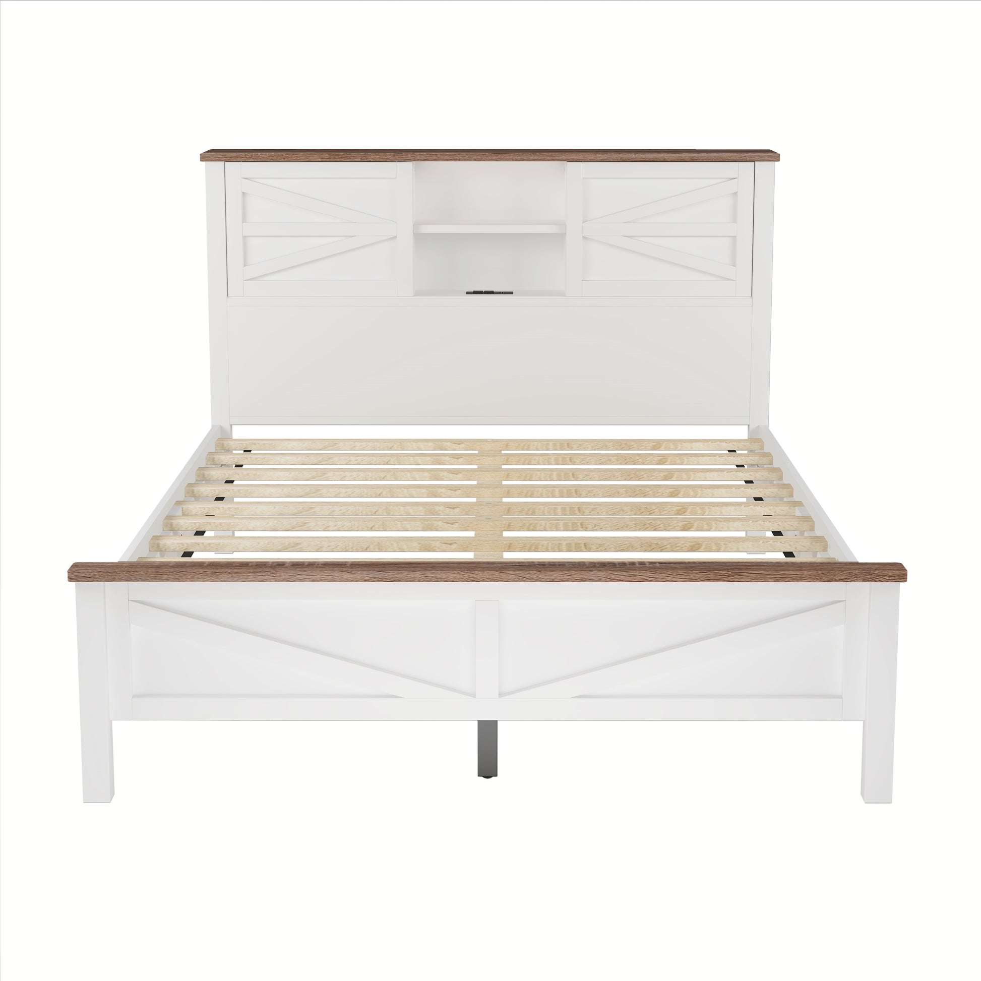 Farmhouse Platform Bed With Double Sliding Barn Door, Queen Size Rustic Wood Bed Withcharging Station, Wood Slats Support, White Brown White Particle Board