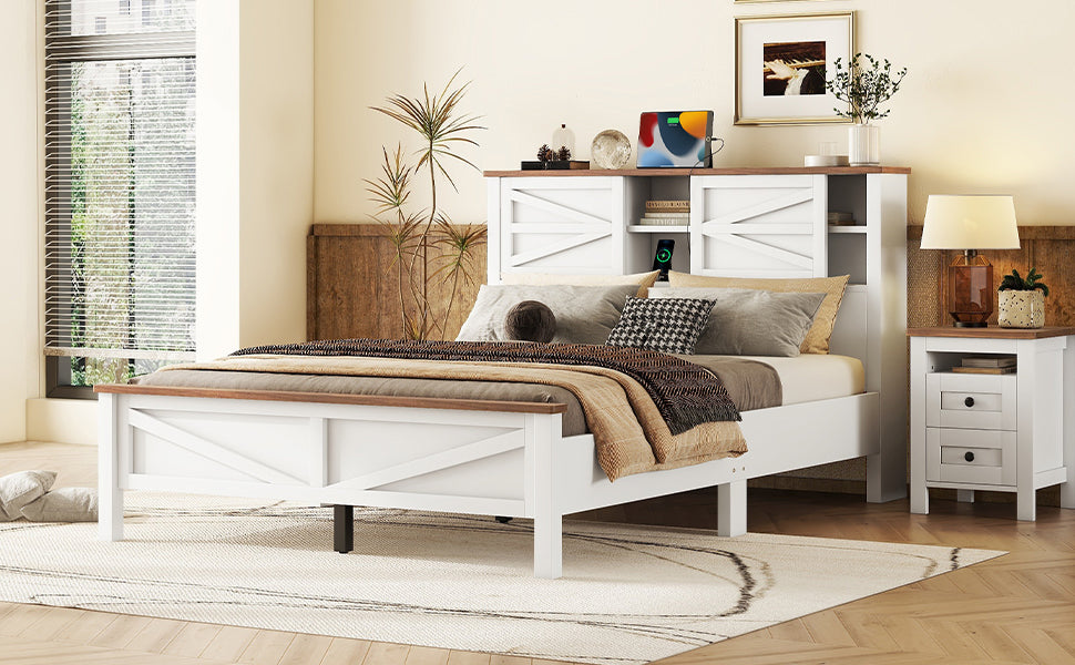 Farmhouse Platform Bed With Double Sliding Barn Door, Queen Size Rustic Wood Bed Withcharging Station, Wood Slats Support, White Brown White Particle Board