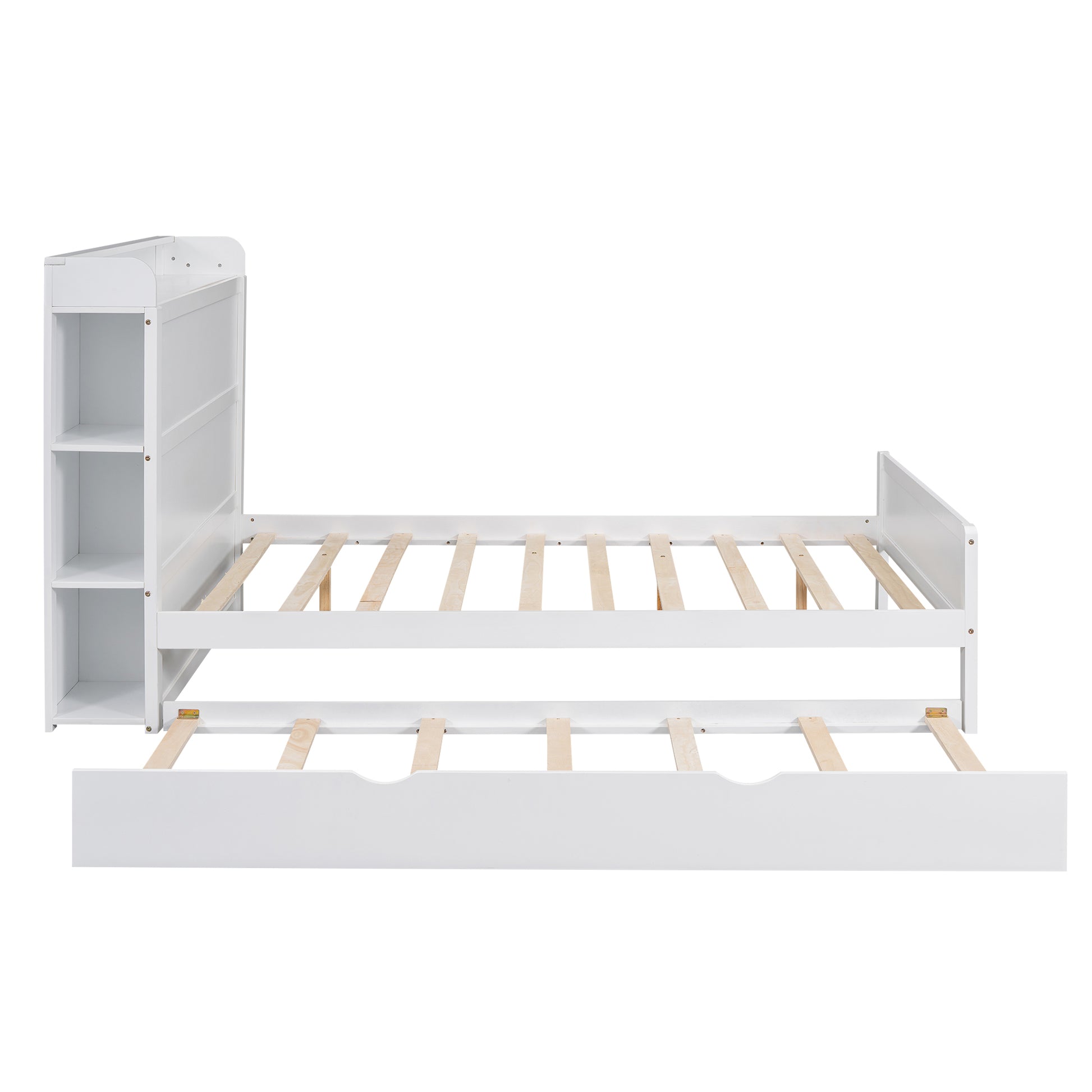 Full Size Platform Bed With Storage Headboard And Twin Size Trundle, White Box Spring Not Required Full White Wood Bedroom Bed Frame Solid Wood Mdf