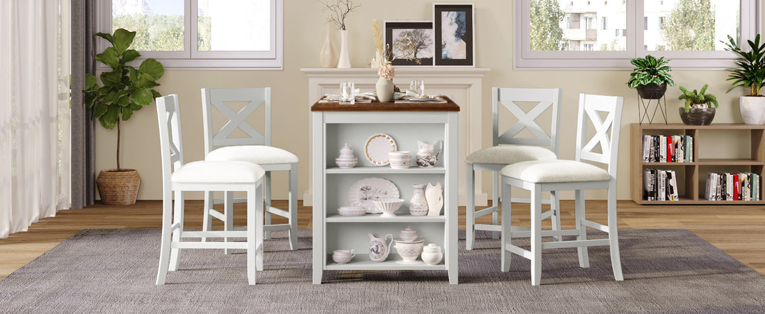 5 Pieces Counter Height Rustic Farmhouse Dining Room Wooden Bar Table Set With 4 Chairs, White White Wood Dining Room Solid Wood Rubberwood Rectangular Dining Table With Chair Upholstered Chair Wood White Solid Back Seats 4 4 Leg Foam Solid Wood