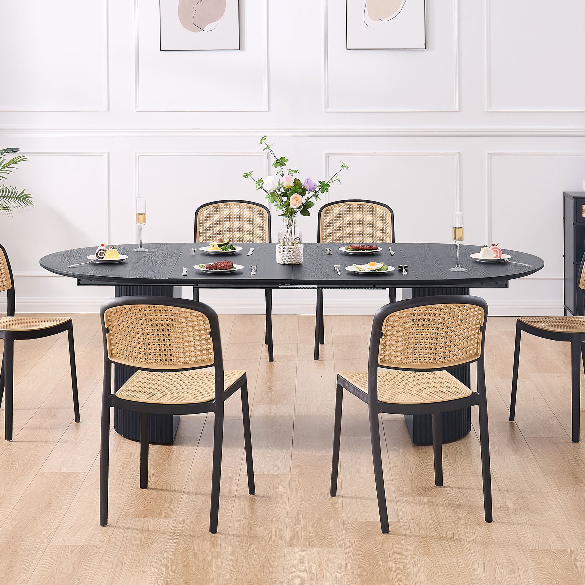 Expandable Dining Table,Solid Top Extending Table Modern Kitchen Table, Leisure Desk For Kitchen Dining Living Room Apartment.Black Black Foam Mdf