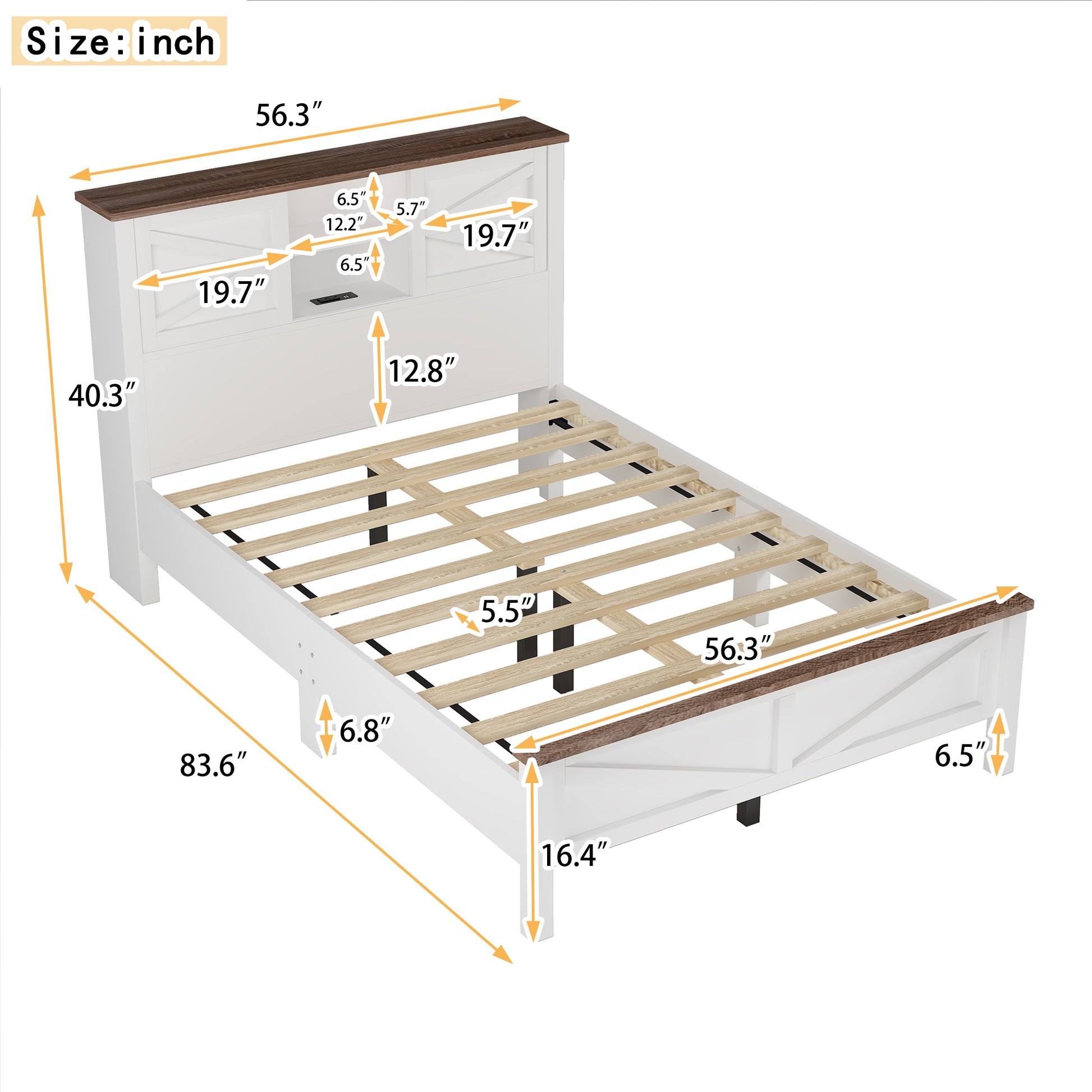 Farmhouse Platform Bed With Double Sliding Barn Door, Full Size Rustic Wood Bed Withcharging Station, Wood Slats Support, White Brown White Particle Board