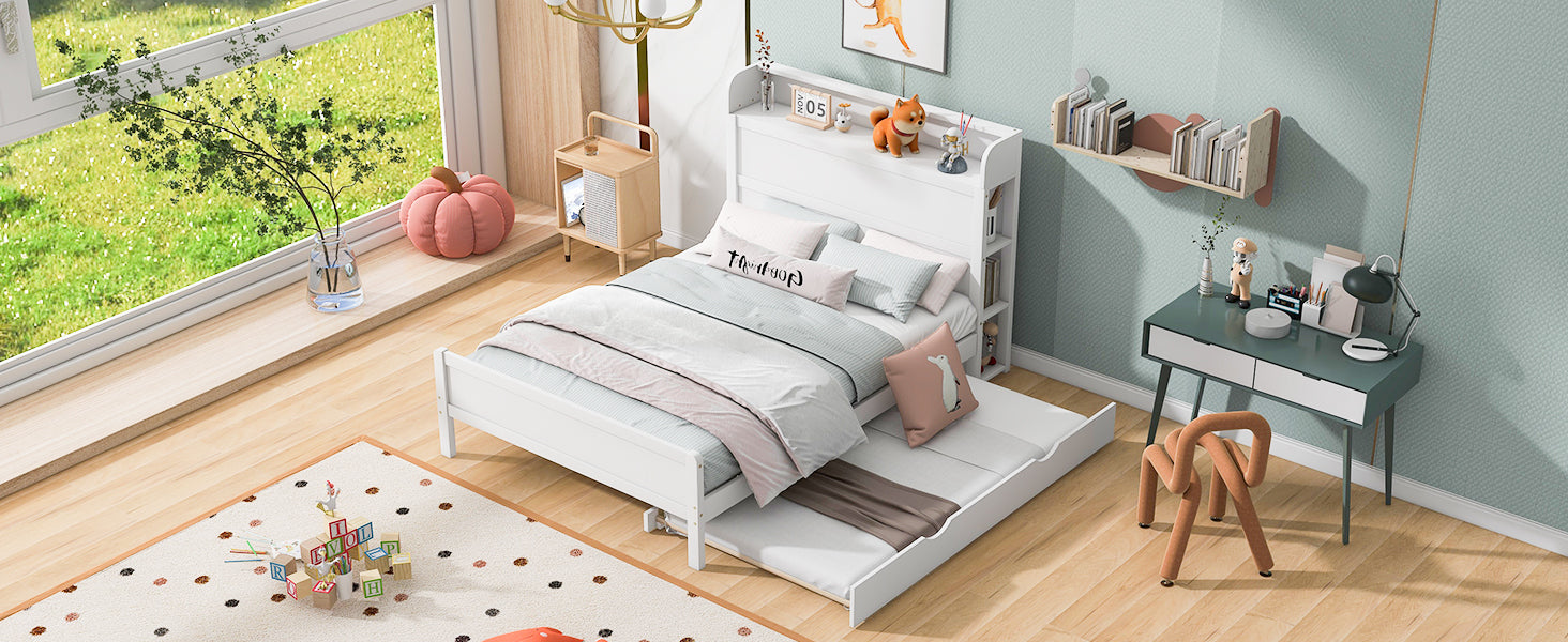 Full Size Platform Bed With Storage Headboard And Twin Size Trundle, White Box Spring Not Required Full White Wood Bedroom Bed Frame Solid Wood Mdf