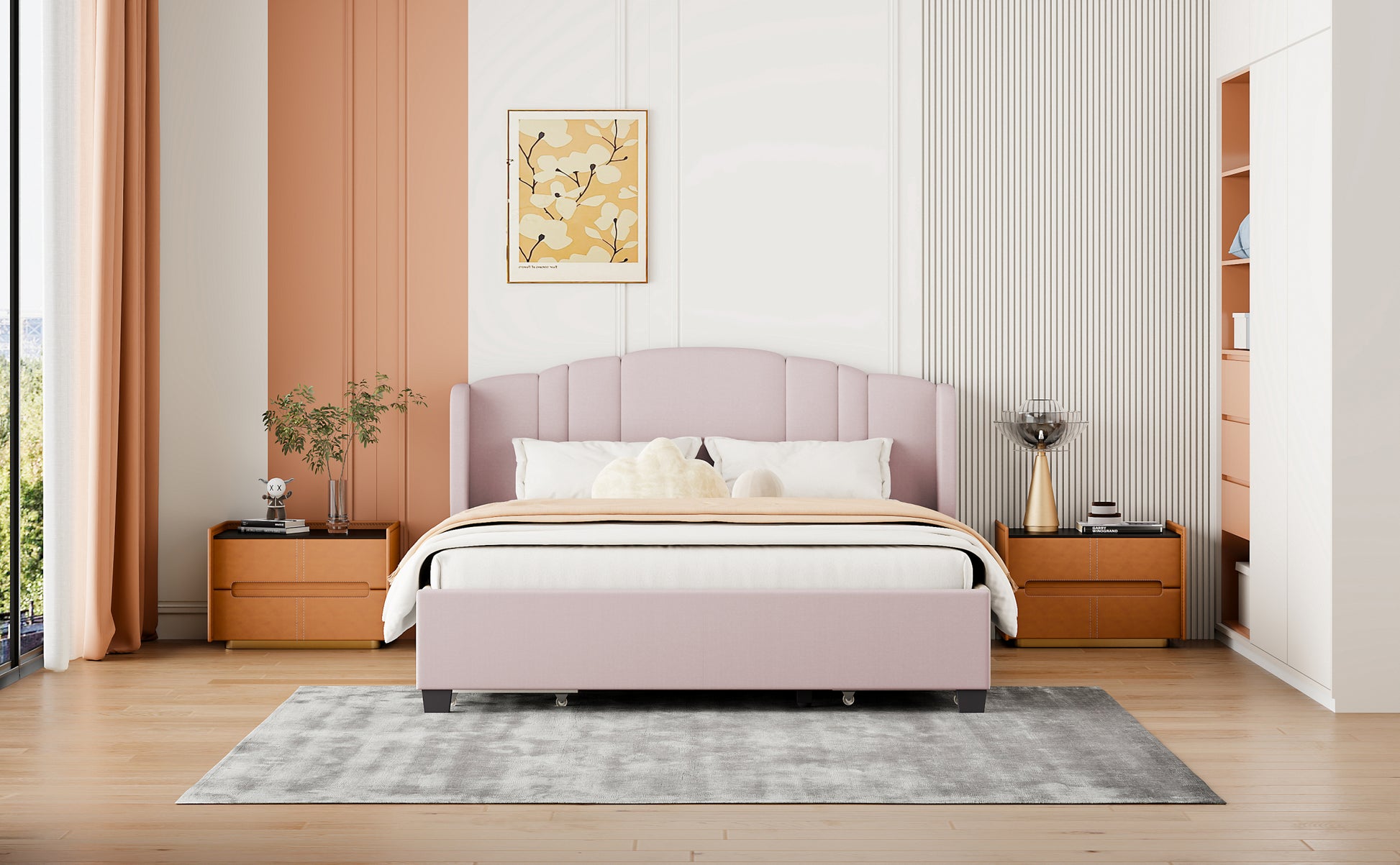 Upholstered Platform Bed With Wingback Headboard And 4 Drawers, No Box Spring Needed, Linen Fabric, Queen Size Pink Pink Upholstered