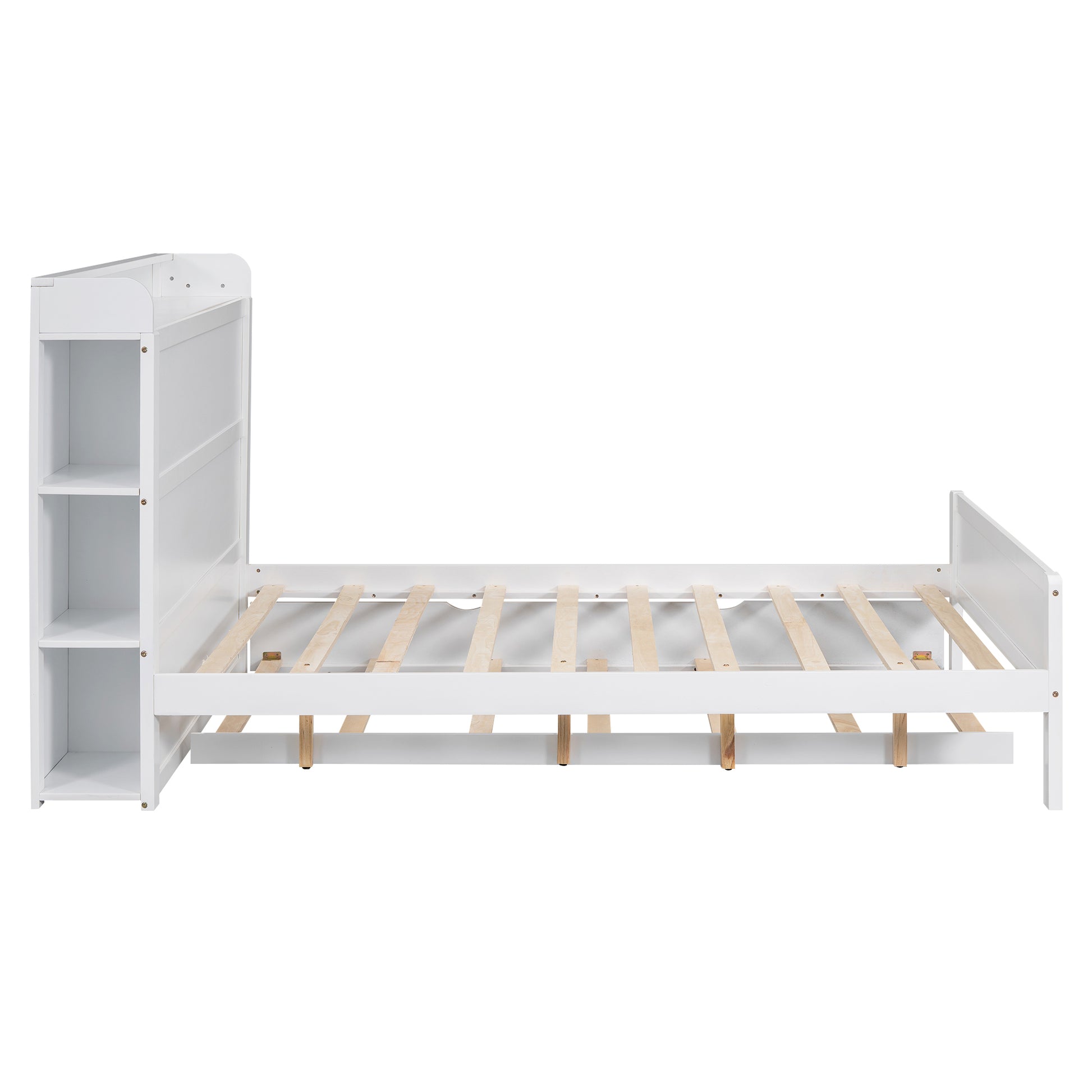 Full Size Platform Bed With Storage Headboard And Twin Size Trundle, White Box Spring Not Required Full White Wood Bedroom Bed Frame Solid Wood Mdf