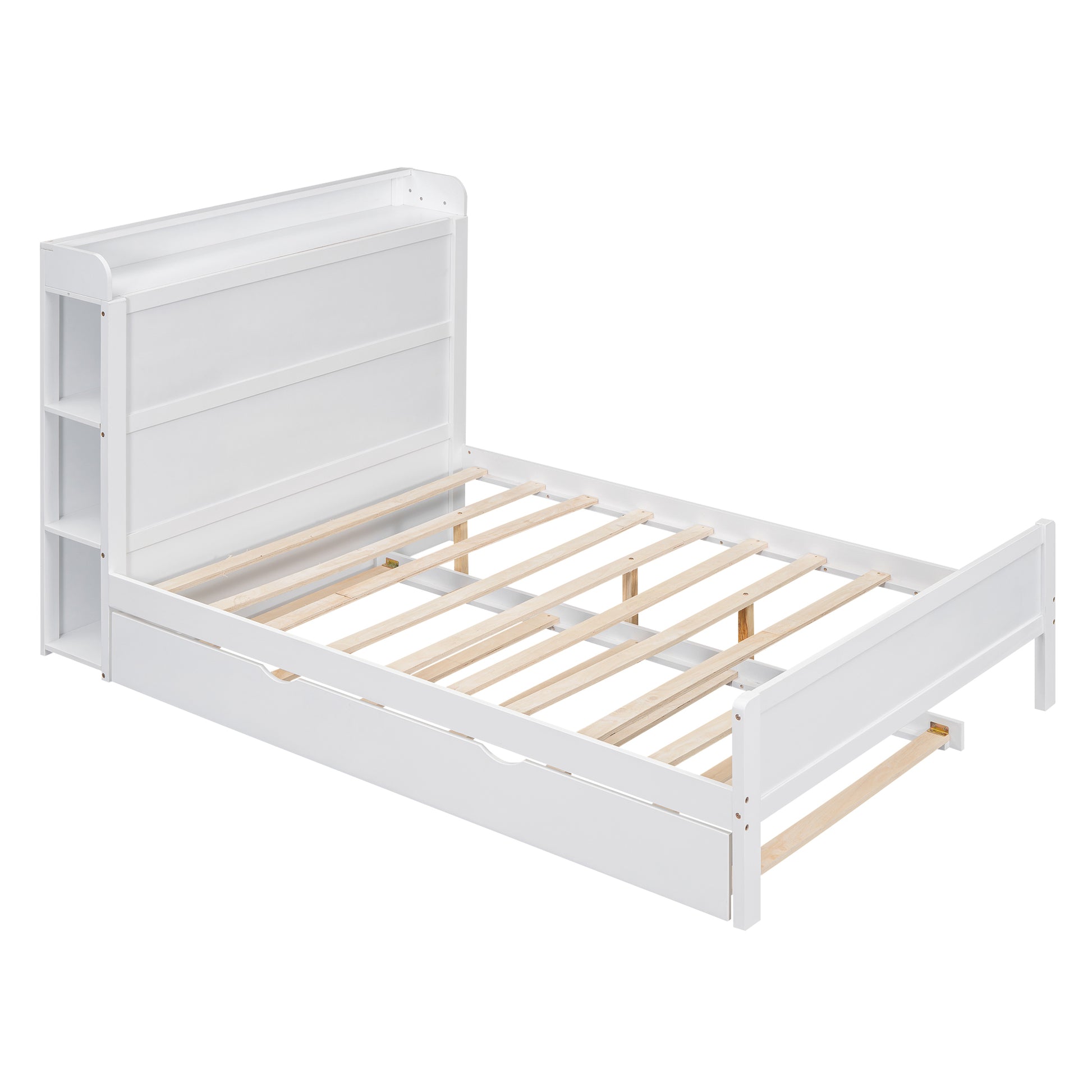 Full Size Platform Bed With Storage Headboard And Twin Size Trundle, White Box Spring Not Required Full White Wood Bedroom Bed Frame Solid Wood Mdf