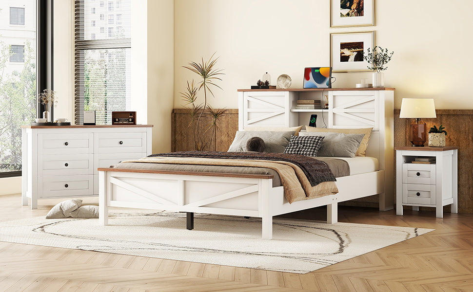 3 Pieces Bedroom Sets Queen Size Farmhouse Platform Bed With Double Sliding Door Storage Headboard, Storage Nightstand And Dresser, White Brown Queen White 3 Piece Set Particle Board