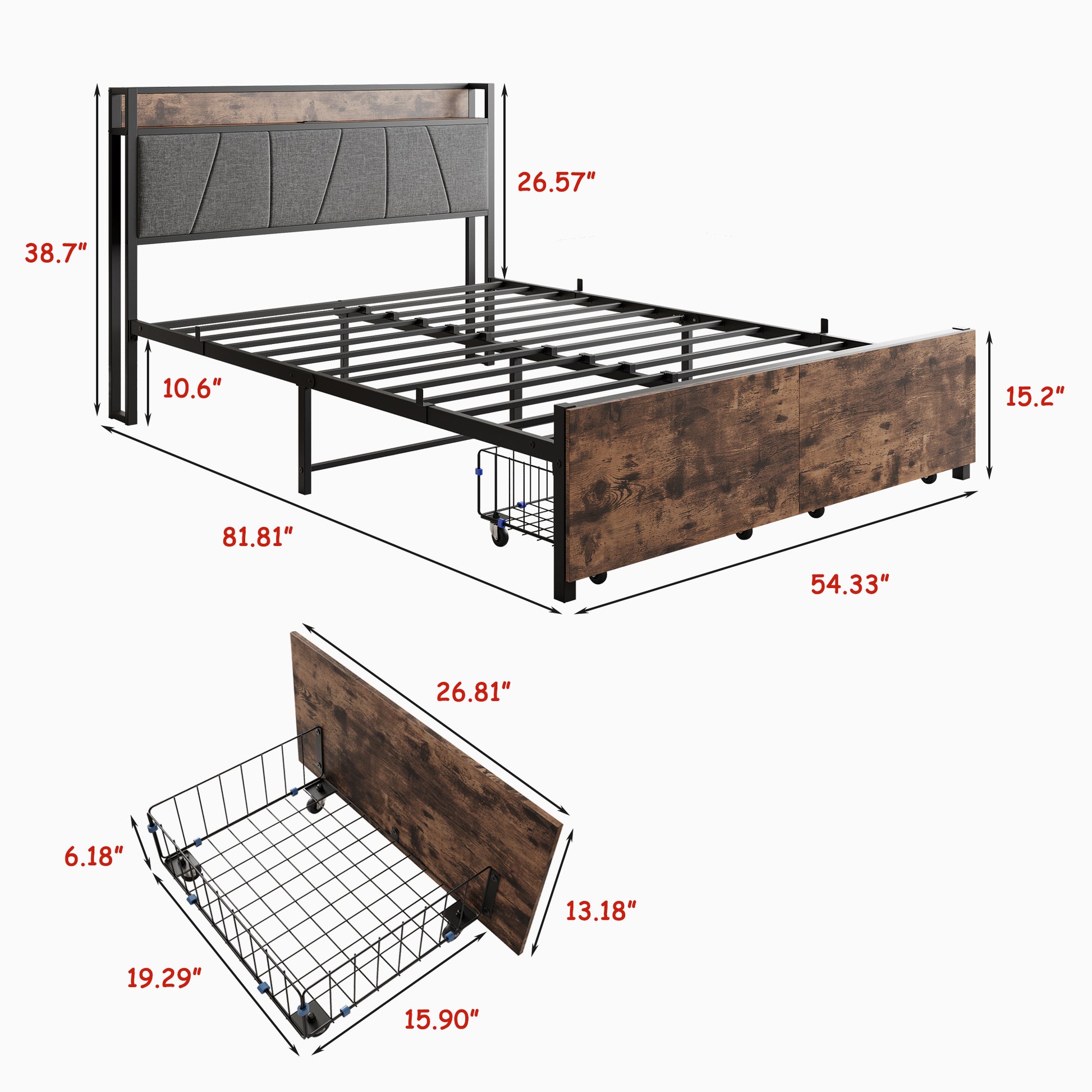 Full Size Bed Frame, Storage Headboard With Charging Station And 2 Storage Drawers,Vintage Brown And Gray Box Spring Not Required Full Black Iron Brown Bedroom Bed Frame Metal & Wood