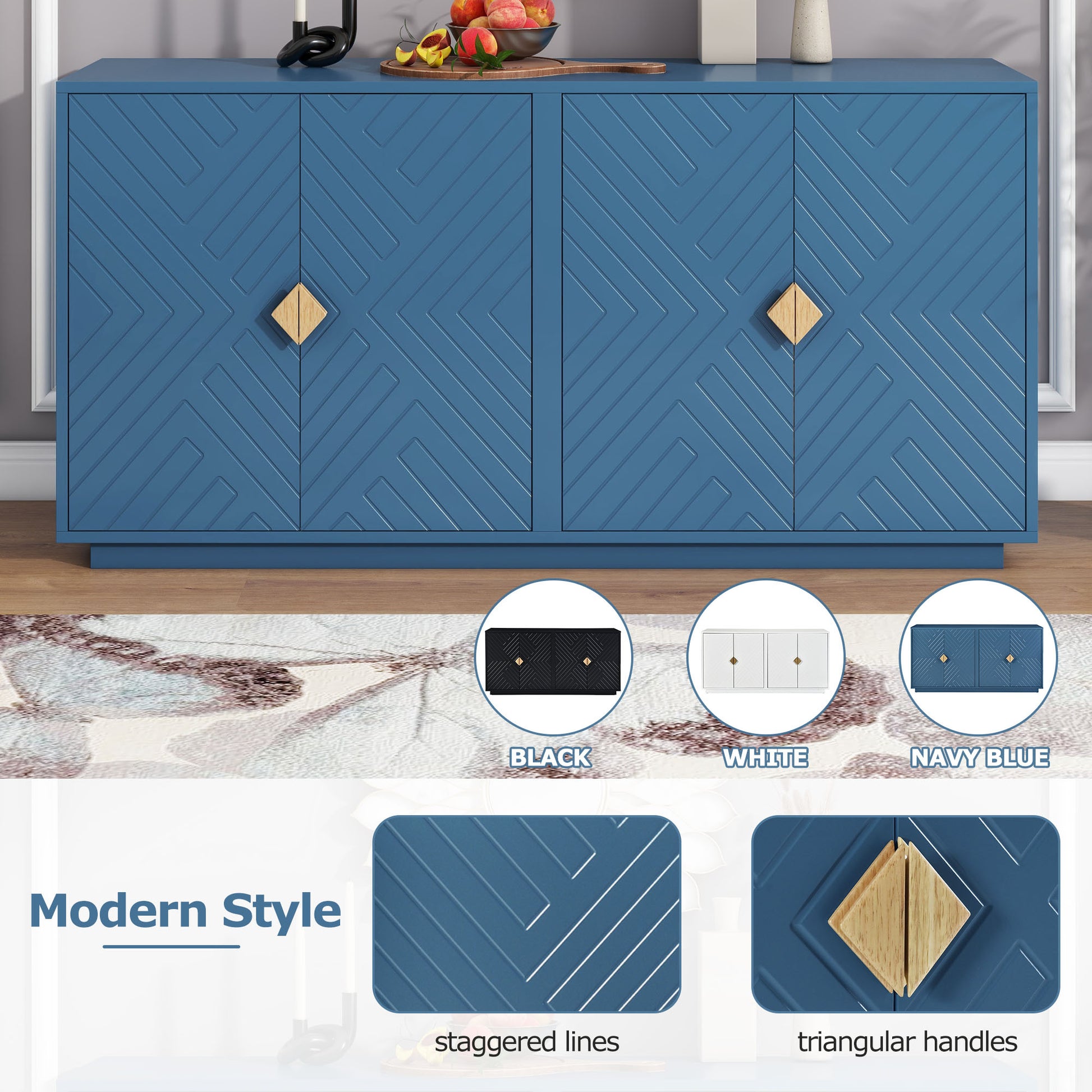 Modern Functional Large Storage Space Sideboard With Wooden Triangular Handles And Adjustable Shelves For Living Room And Dining Room Navy Blue Navy Blue Mdf