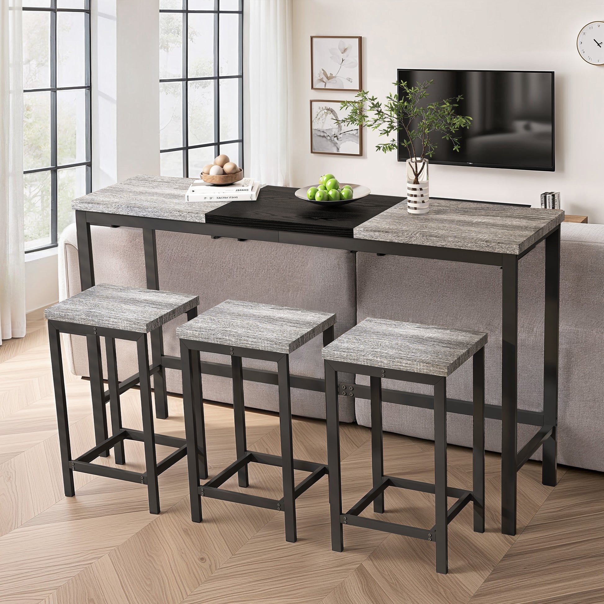 Modern Design Kitchen Dining Table, Pub Table, Long Dining Table Set With 3 Stools, Convenient Hanging Stool Design, Grey Black Grey Black Desk And Chair Set Mdf Metal