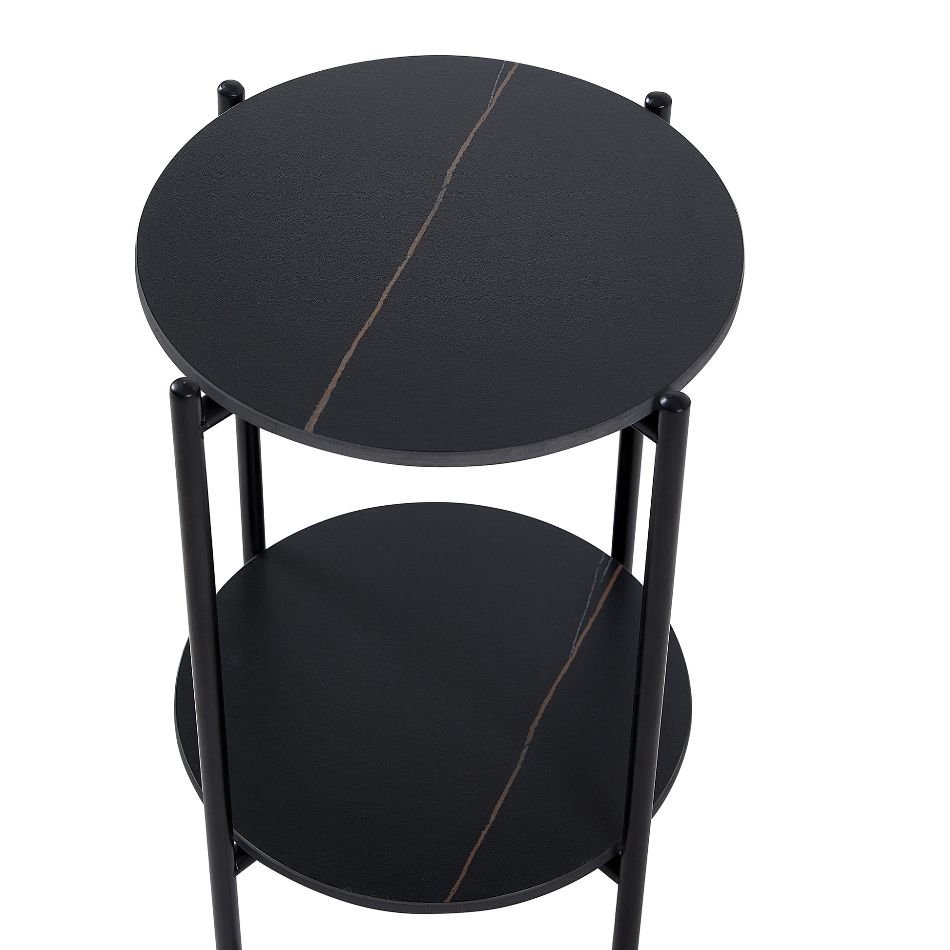 2 Layer End Table With Whole Marble Tabletop, Round Coffee Table With Black Metal Frame For Bedroom Living Room Office Black,1 Piece Black Metal Stone