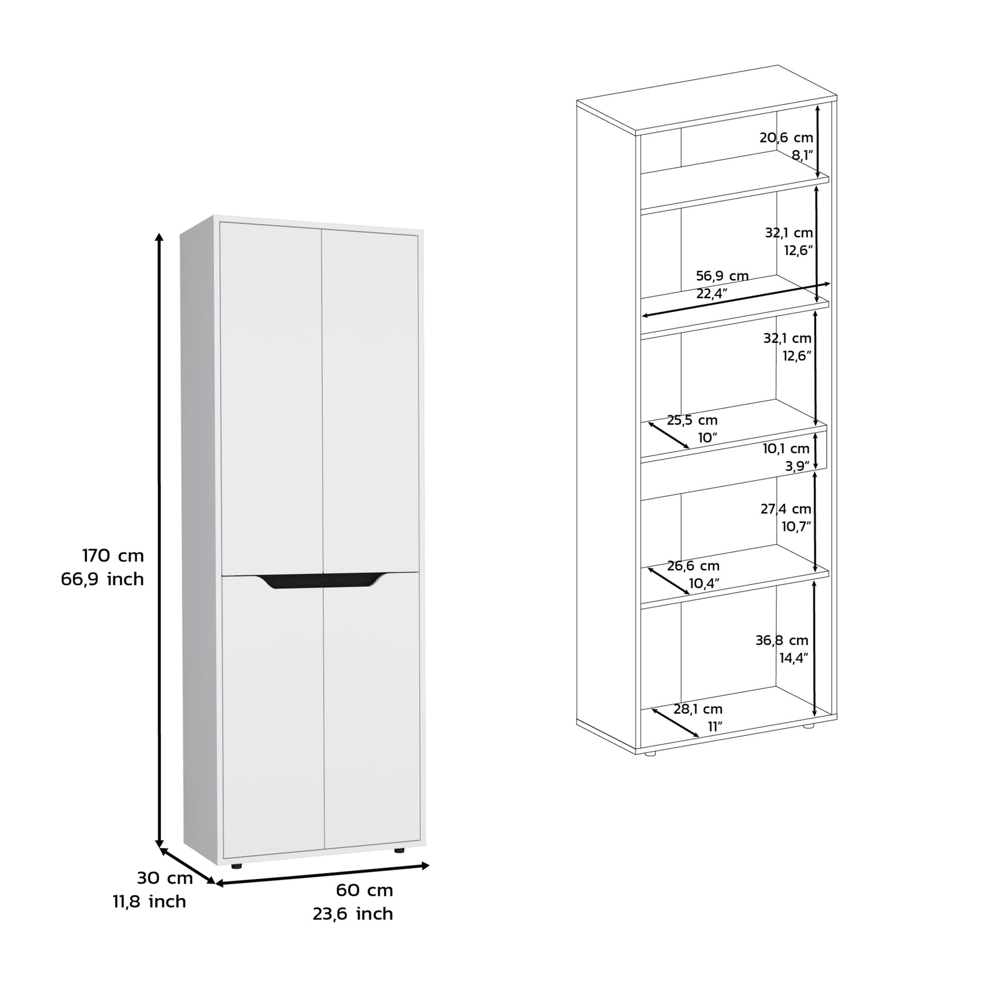 67"H Kitchen Storage Cabinet, With Four Doors And Five Interior Shelves,White Black White Black Particle Board Pine