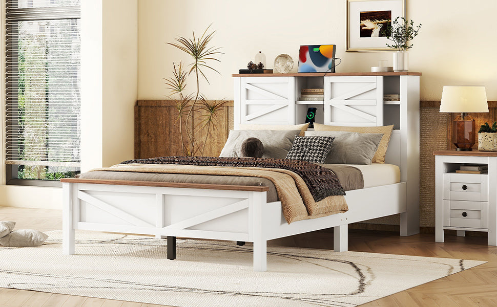 Farmhouse Platform Bed With Double Sliding Barn Door, Full Size Rustic Wood Bed Withcharging Station, Wood Slats Support, White Brown White Particle Board