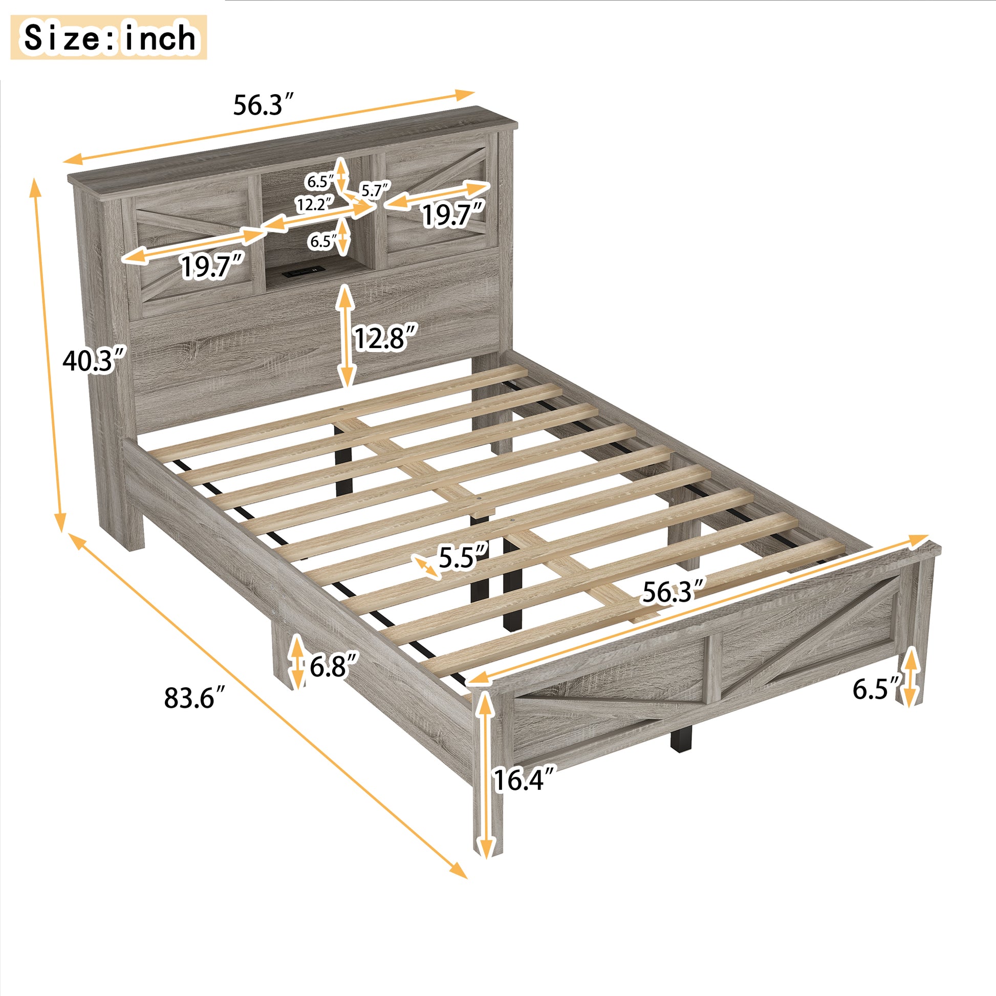 Farmhouse Platform Bed With Double Sliding Barn Door, Full Size Rustic Wood Bed Withcharging Station, Wood Slats Support, Antique Gray Antique Gray Particle Board