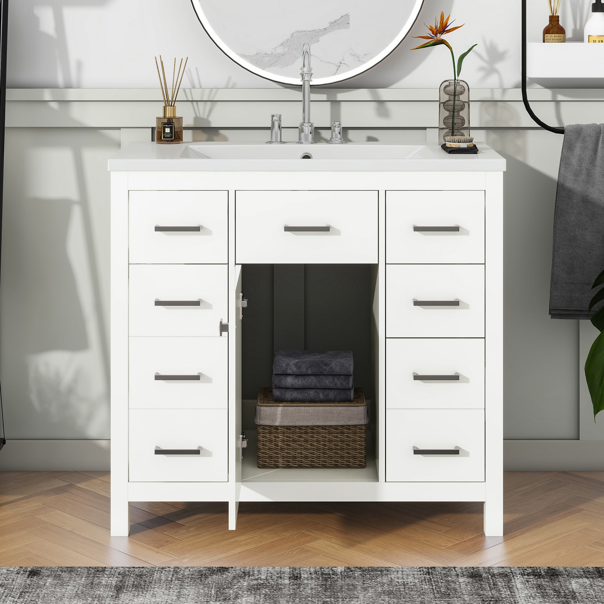 36 Inch Modern Bathroom Vanity Cabinet With Multifunctional Storage Space 5 Drawers And 1 Door White Solid Wood Mdf Resin