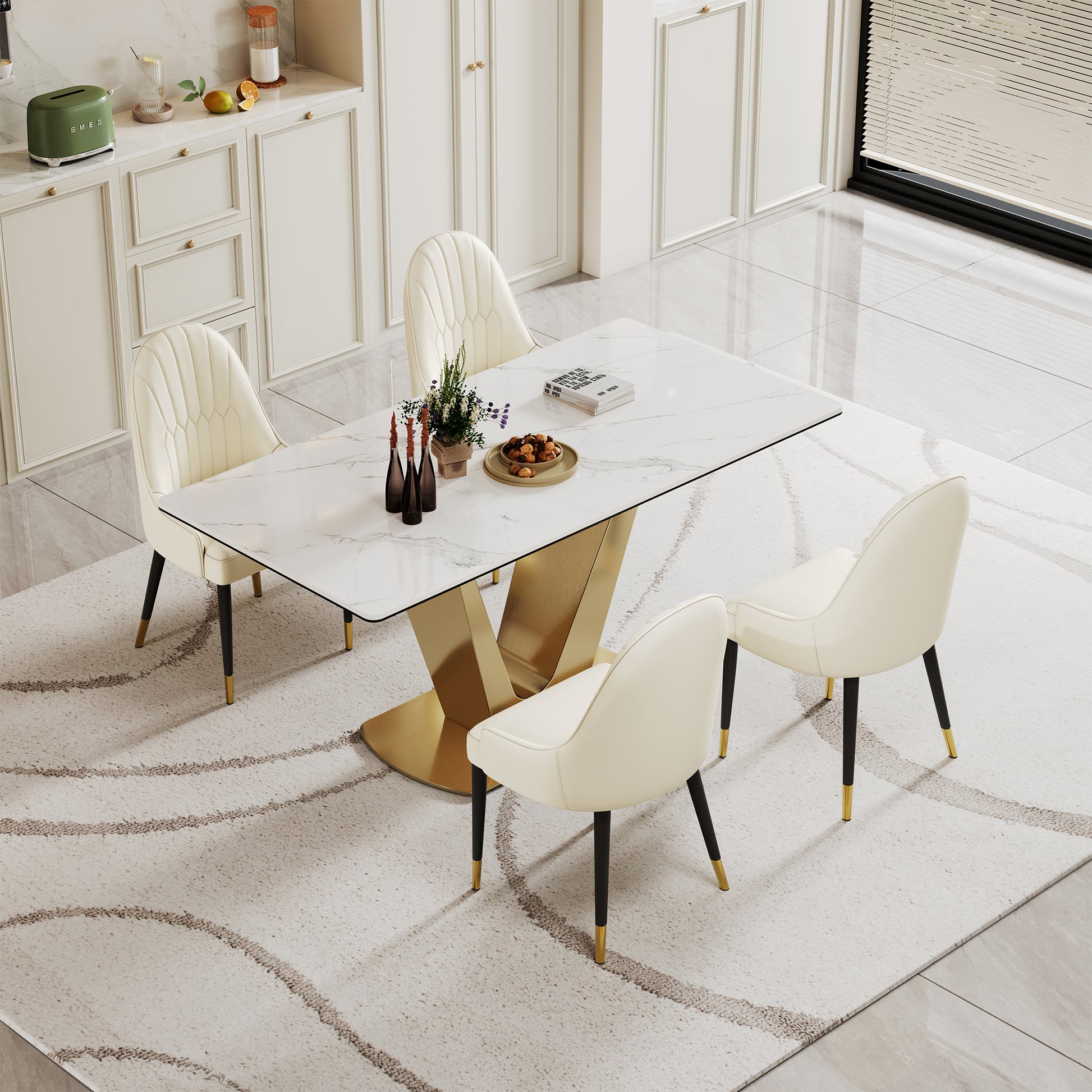 0.47" Thick Sintered Stone Composite Tempered Glass Top Dining Table With V Shape Stainless Steel Base Gold Sintered Stone