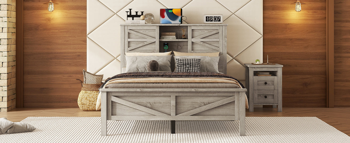Farmhouse Platform Bed With Double Sliding Barn Door, Full Size Rustic Wood Bed Withcharging Station, Wood Slats Support, Antique Gray Antique Gray Particle Board