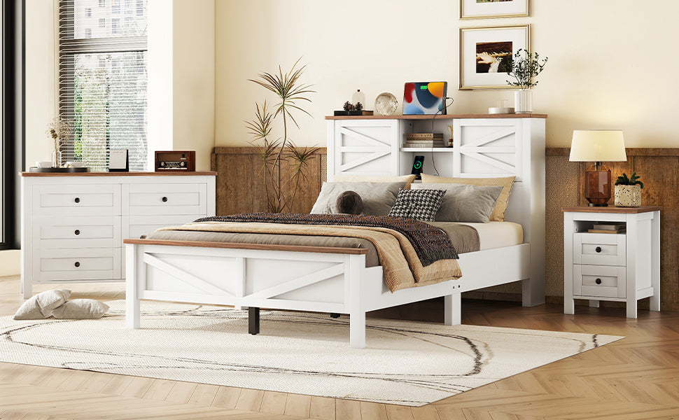 3 Pieces Bedroom Sets Full Size Farmhouse Platform Bed With Double Sliding Door Storage Headboard And Charging Station, Storage Nightstand And Dresser, White Brown Full White 3 Piece Set Particle Board