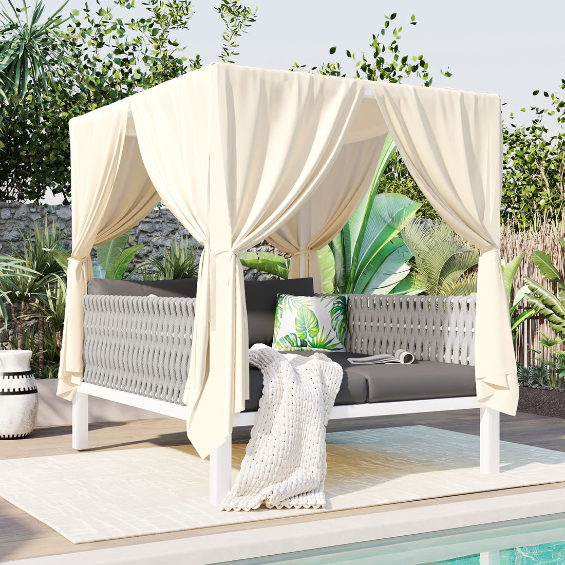 Outdoor Patio Sunbed With Curtains, High Comfort, Suitable For Multiple Scenarios Gray Beige Woven Rope