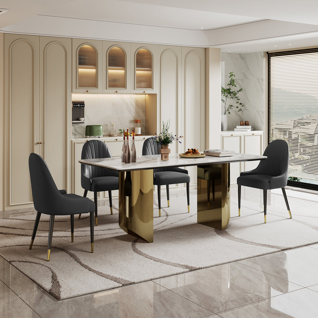 0.47" Thick Sintered Stone Composite Tempered Glass Top Rectangular Dining Table With Stainless Steel Base Gold Sintered Stone