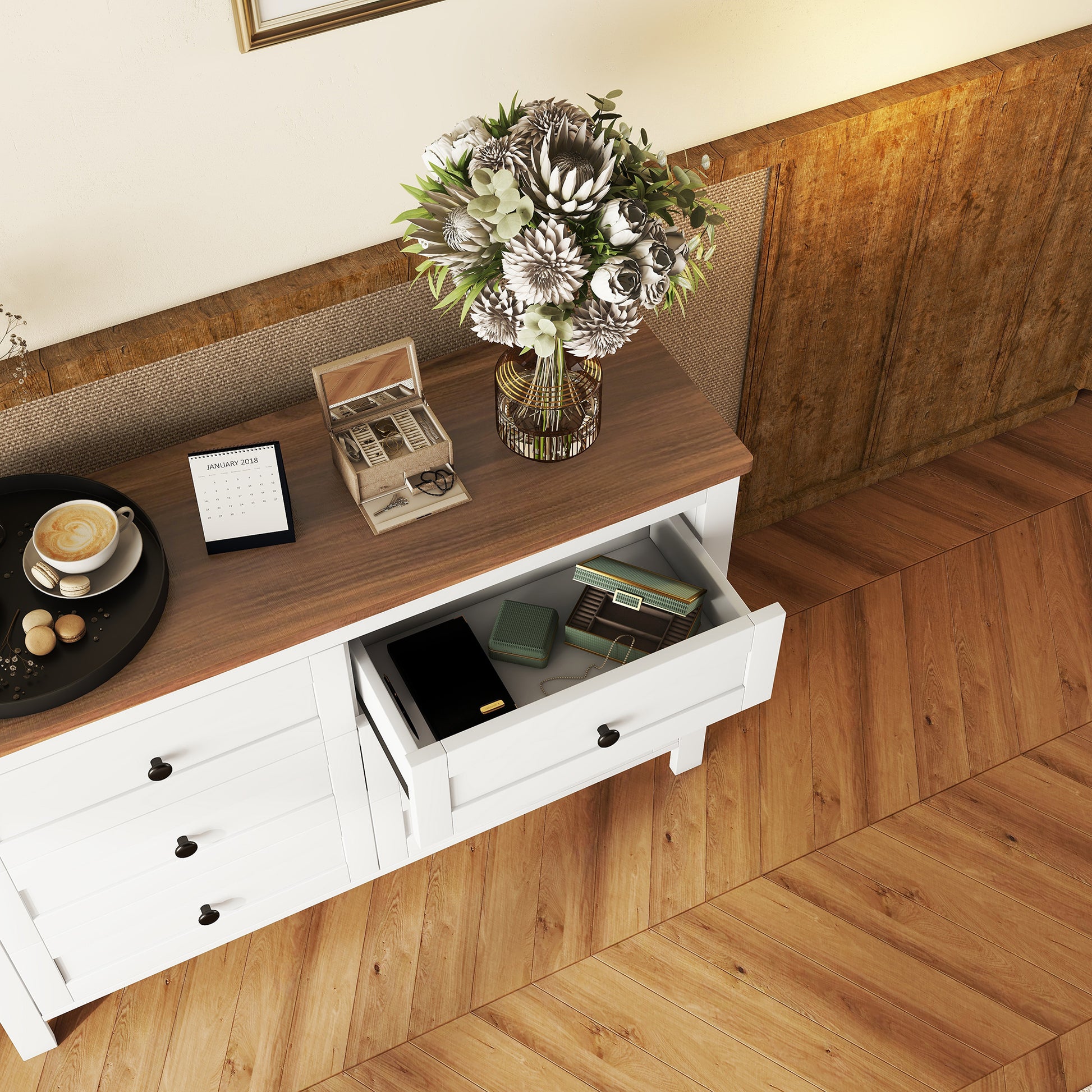 Retro Farmhouse Style Wooden Dresser With 6 Drawer, Storage Cabinet For Bedroom, White Brown White Particle Board