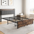 Full Size Bed Frame, Storage Headboard With Charging Station And 2 Storage Drawers,Vintage Brown And Gray Box Spring Not Required Full Black Iron Brown Bedroom Bed Frame Metal & Wood