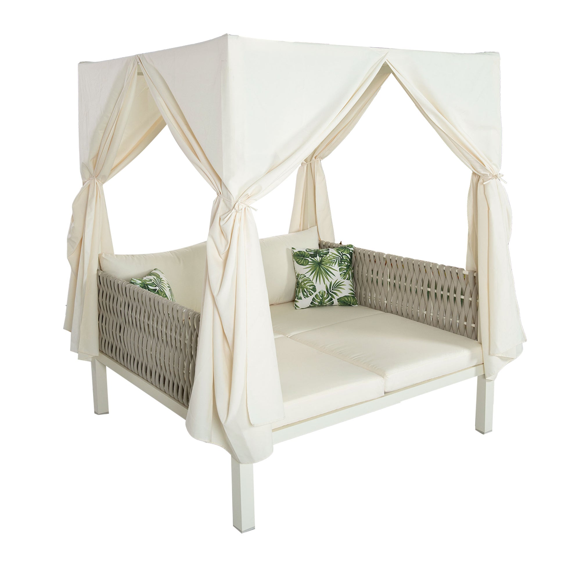 Outdoor Patio Sunbed With Curtains, High Comfort, Suitable For Multiple Scenarios Beige Woven Rope