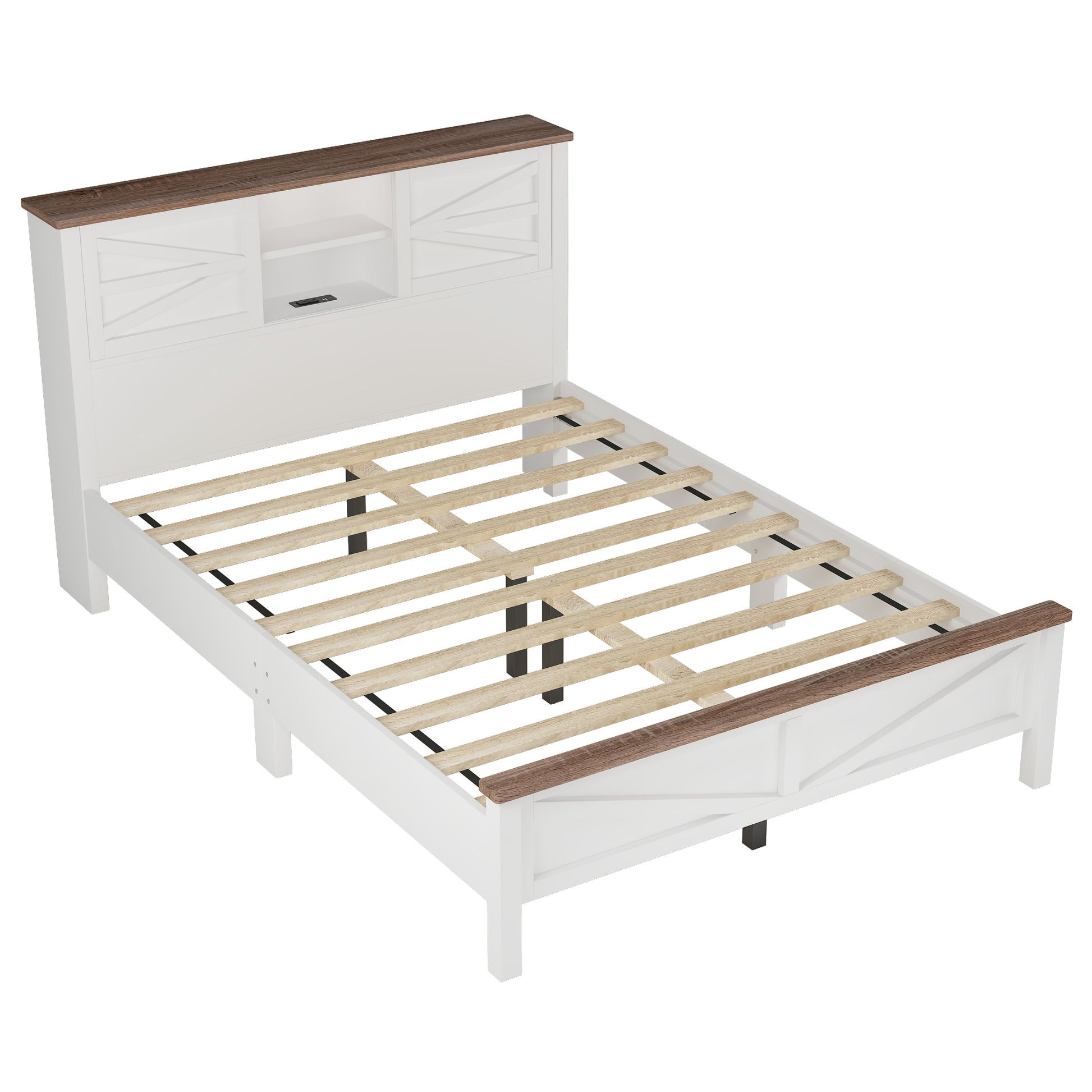 Farmhouse Platform Bed With Double Sliding Barn Door, Queen Size Rustic Wood Bed Withcharging Station, Wood Slats Support, White Brown White Particle Board