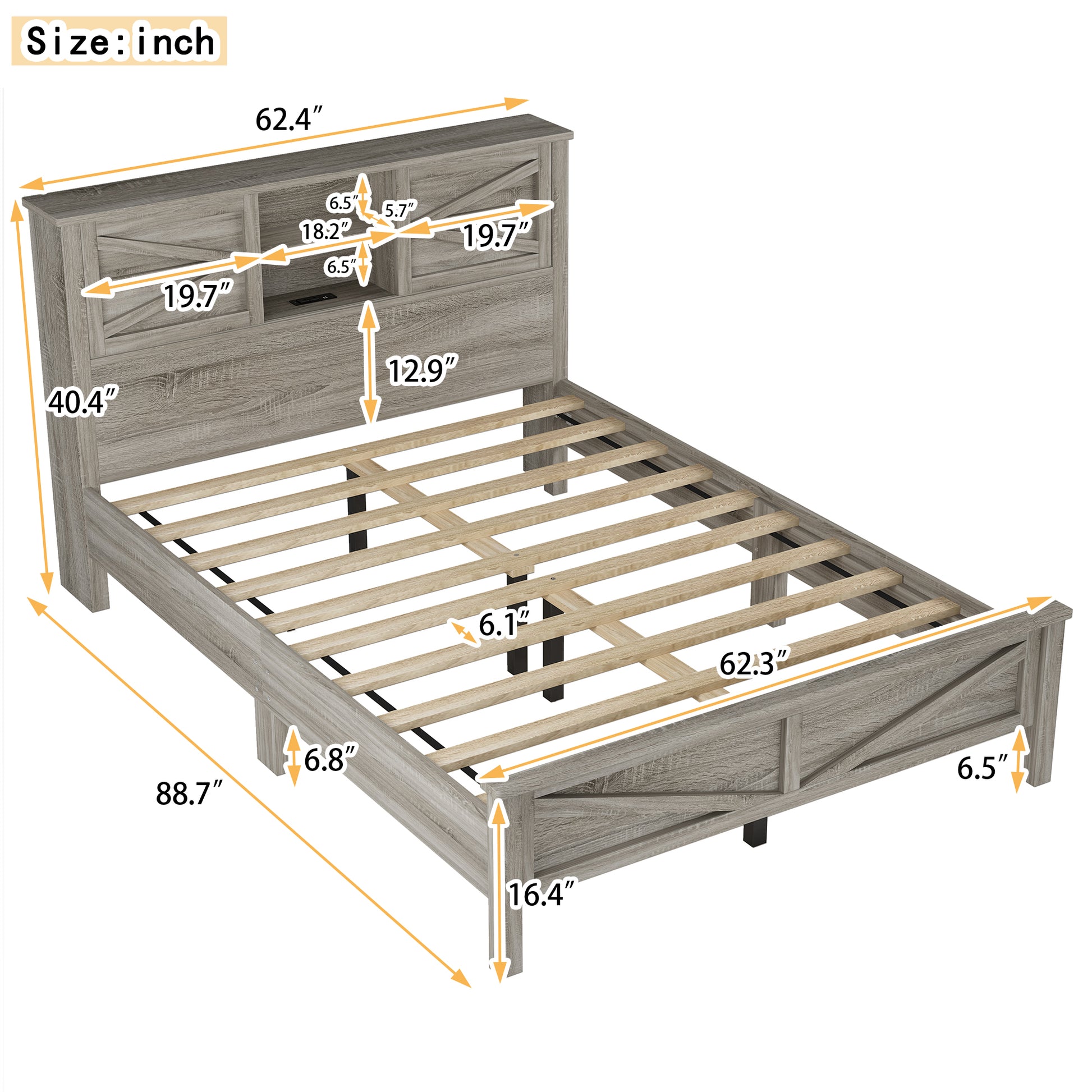 Farmhouse Platform Bed With Double Sliding Barn Door, Queen Size Rustic Wood Bed Withcharging Station, Wood Slats Support, Antique Gray Antique Gray Particle Board