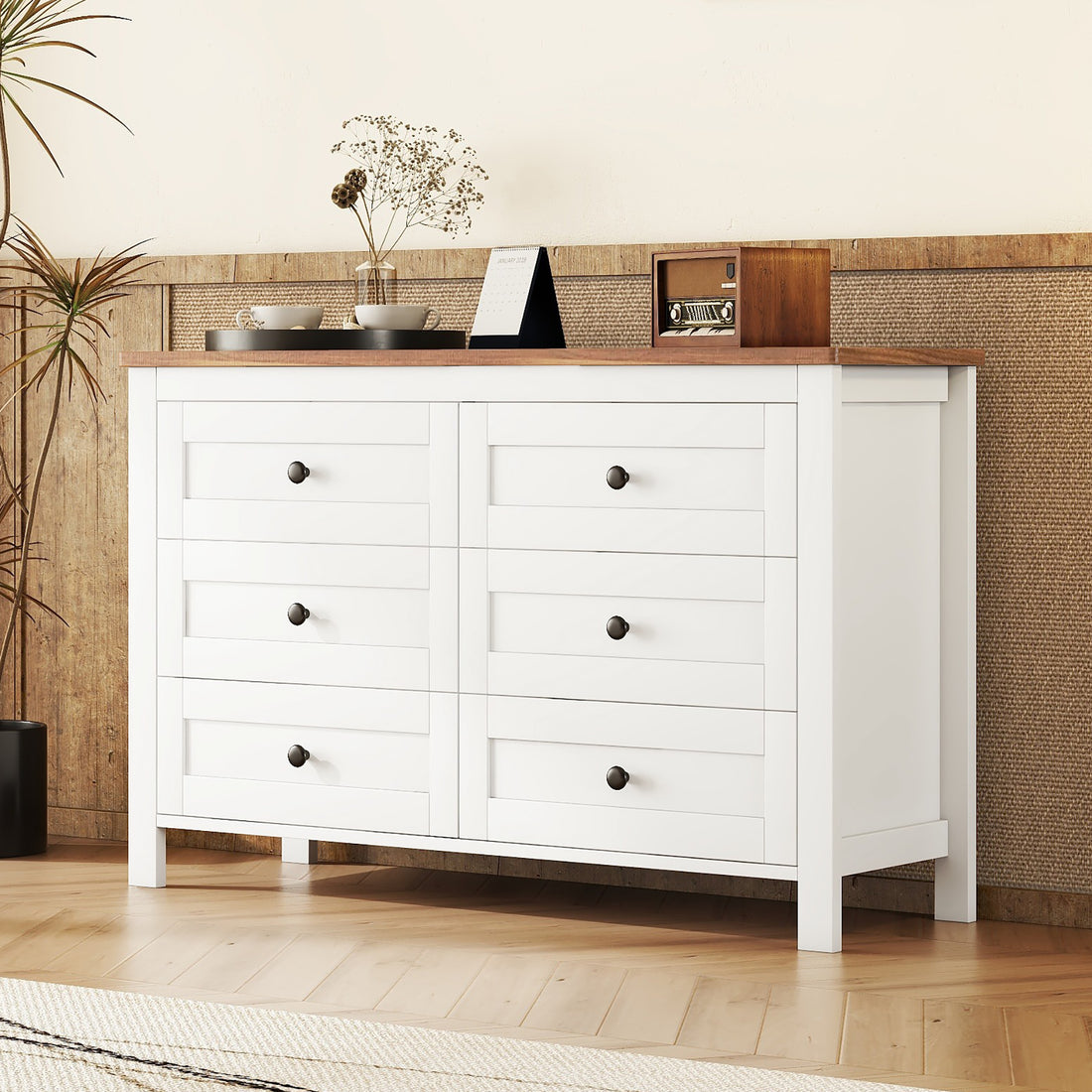 Retro Farmhouse Style Wooden Dresser With 6 Drawer, Storage Cabinet For Bedroom, White Brown White Particle Board