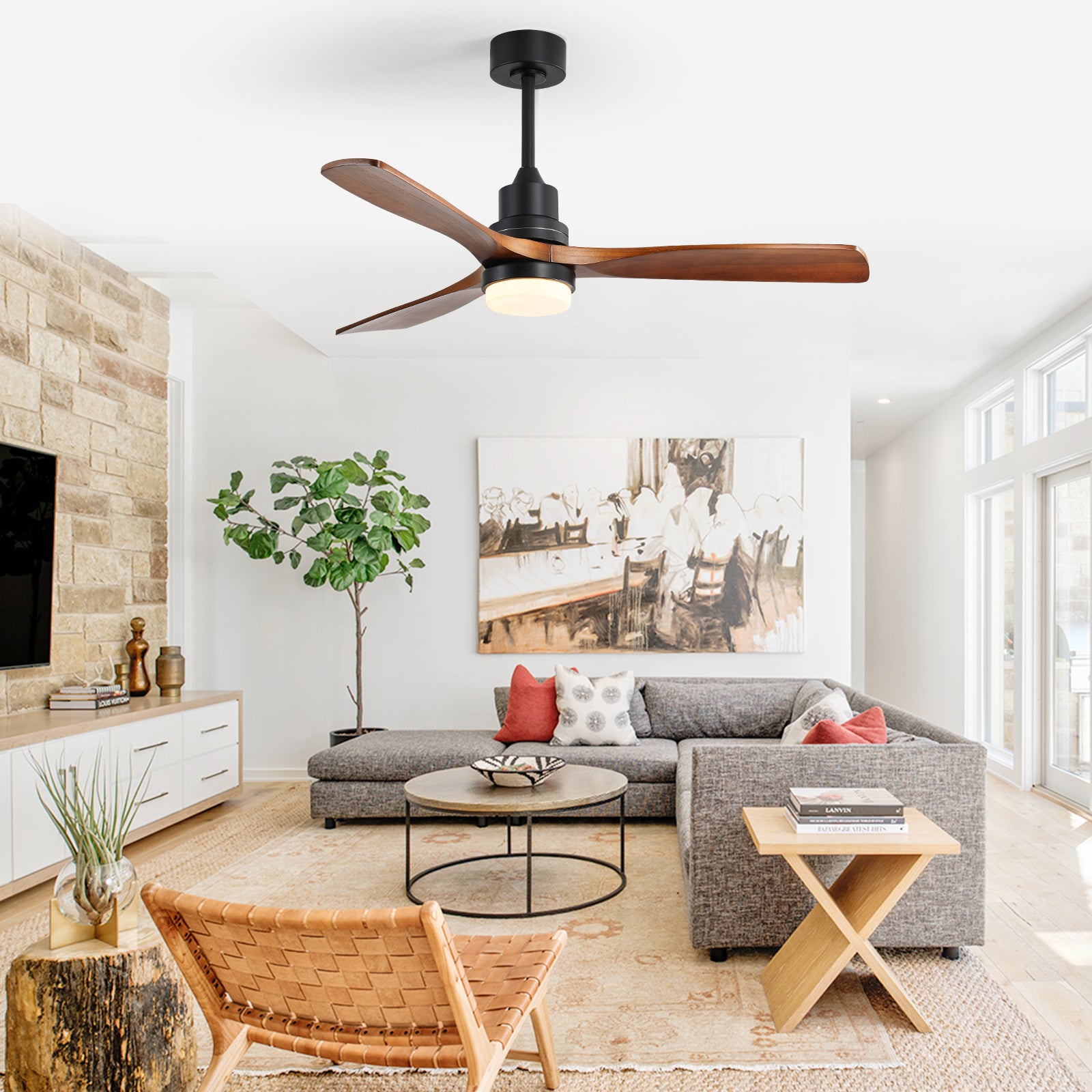 52 Inch Ceiling Fan Light With 6 Speed Remote Reversible Energy Saving Dc Motor Black Metal & Wood