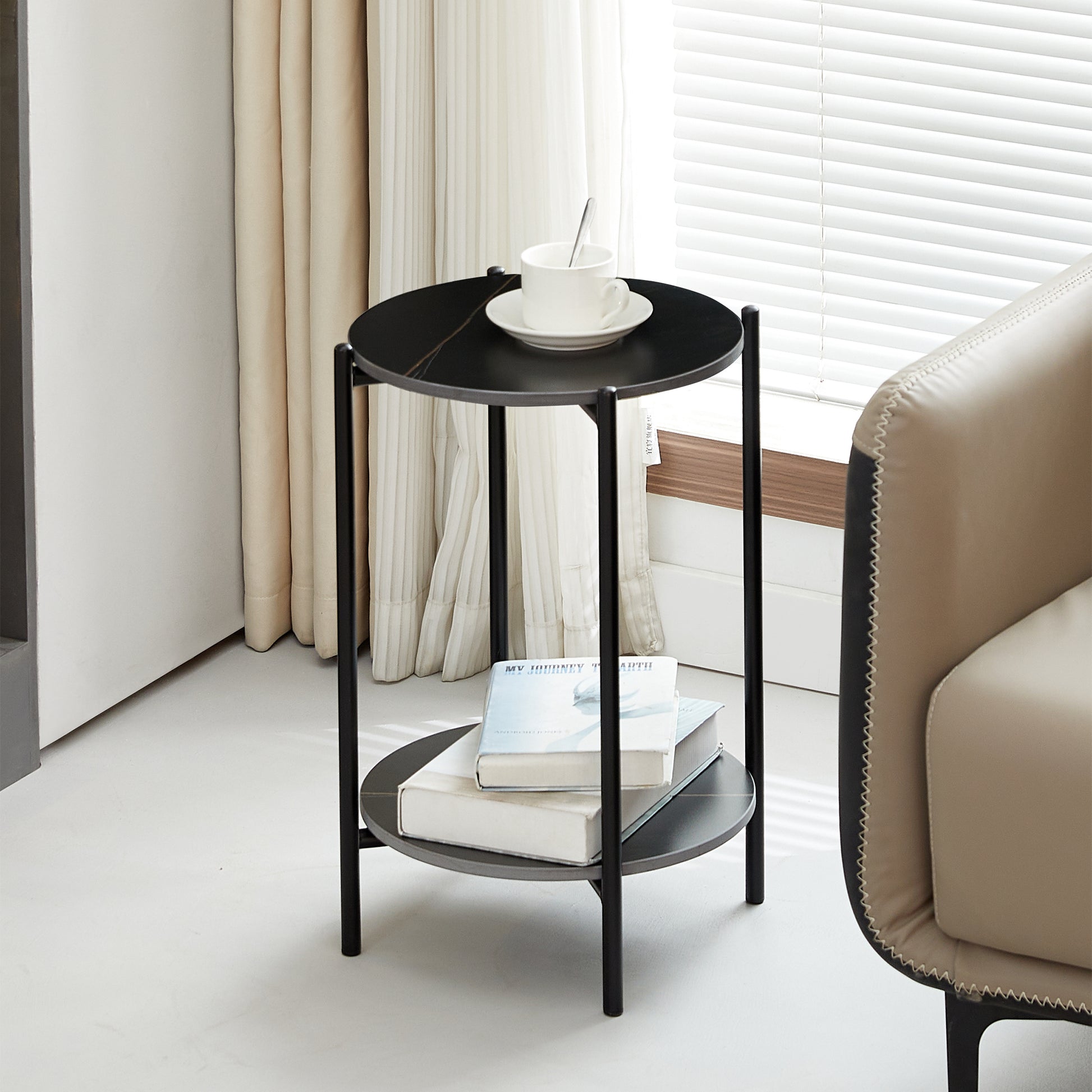 2 Layer End Table With Whole Marble Tabletop, Round Coffee Table With Black Metal Frame For Bedroom Living Room Office Black,1 Piece Black Metal Stone
