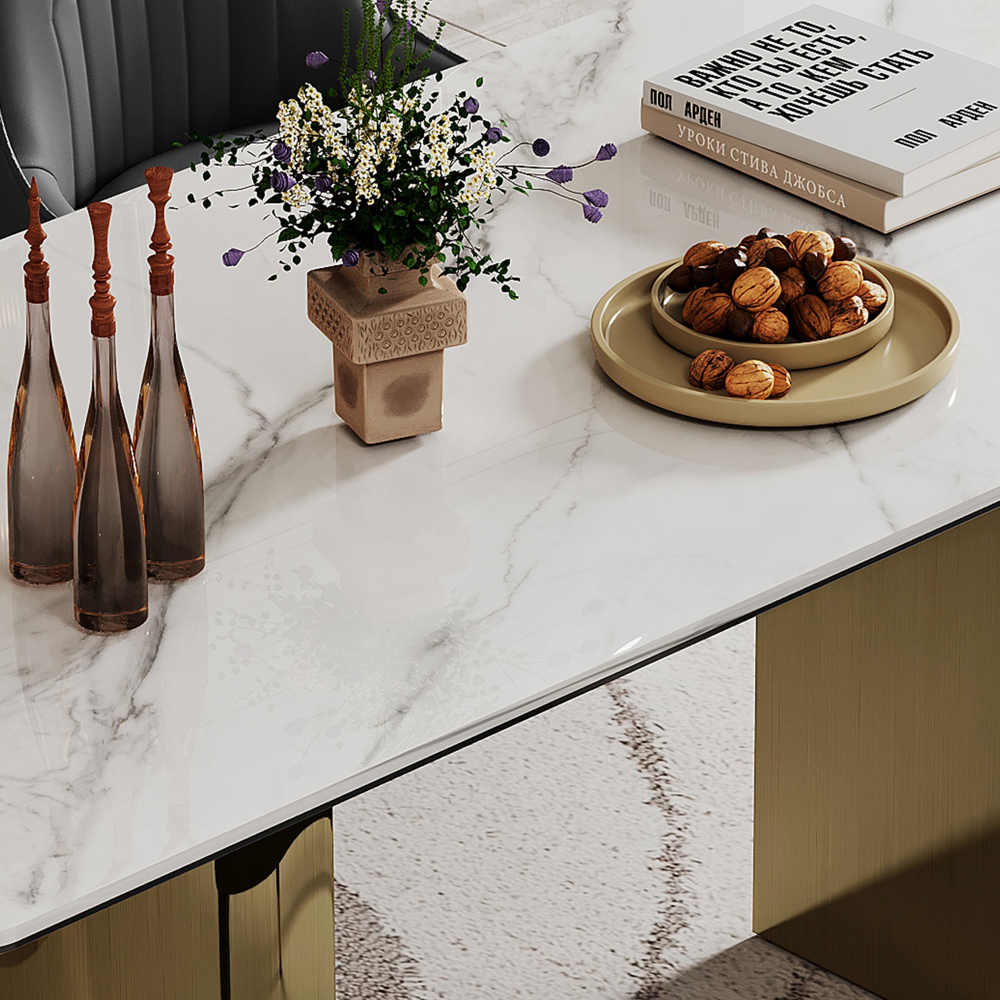 0.47" Thick Sintered Stone Composite Tempered Glass Top Rectangular Dining Table With Stainless Steel Base Gold Sintered Stone