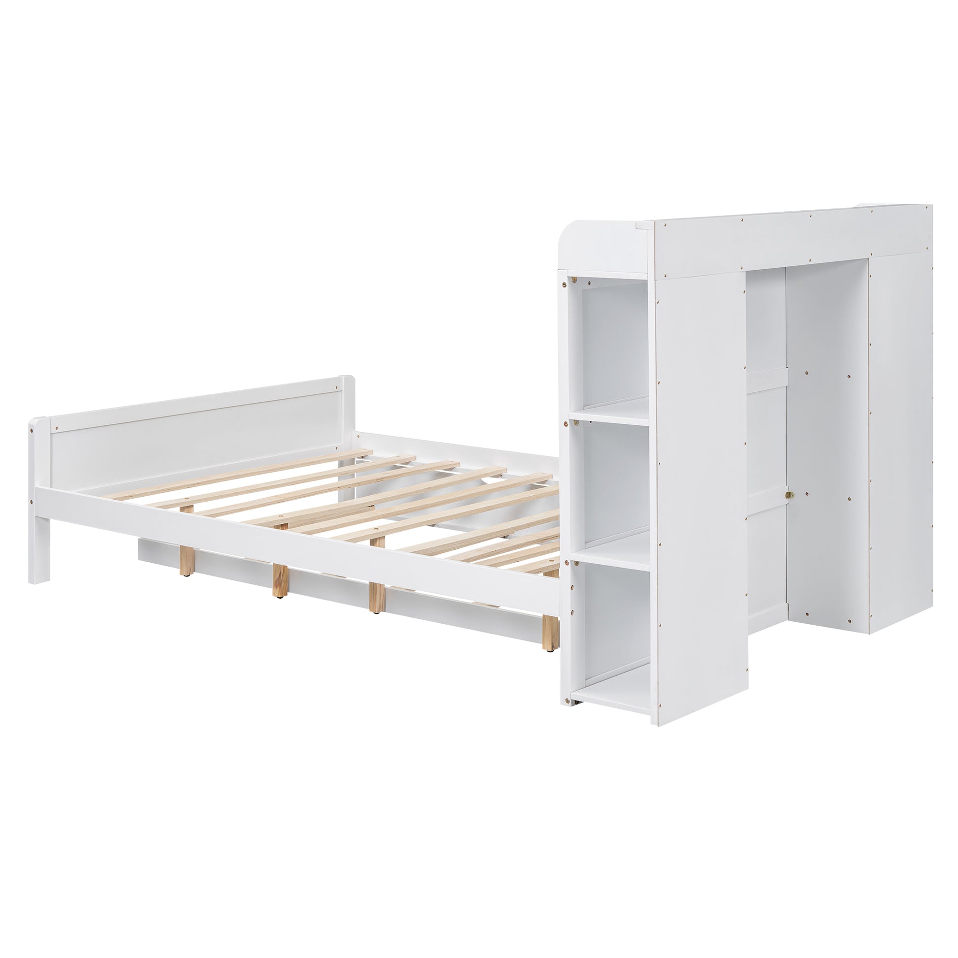 Full Size Platform Bed With Storage Headboard And Twin Size Trundle, White Box Spring Not Required Full White Wood Bedroom Bed Frame Solid Wood Mdf