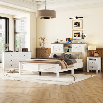 3 Pieces Bedroom Sets Queen Size Farmhouse Platform Bed With Double Sliding Door Storage Headboard, Storage Nightstand And Dresser, White Brown Queen White 3 Piece Set Particle Board