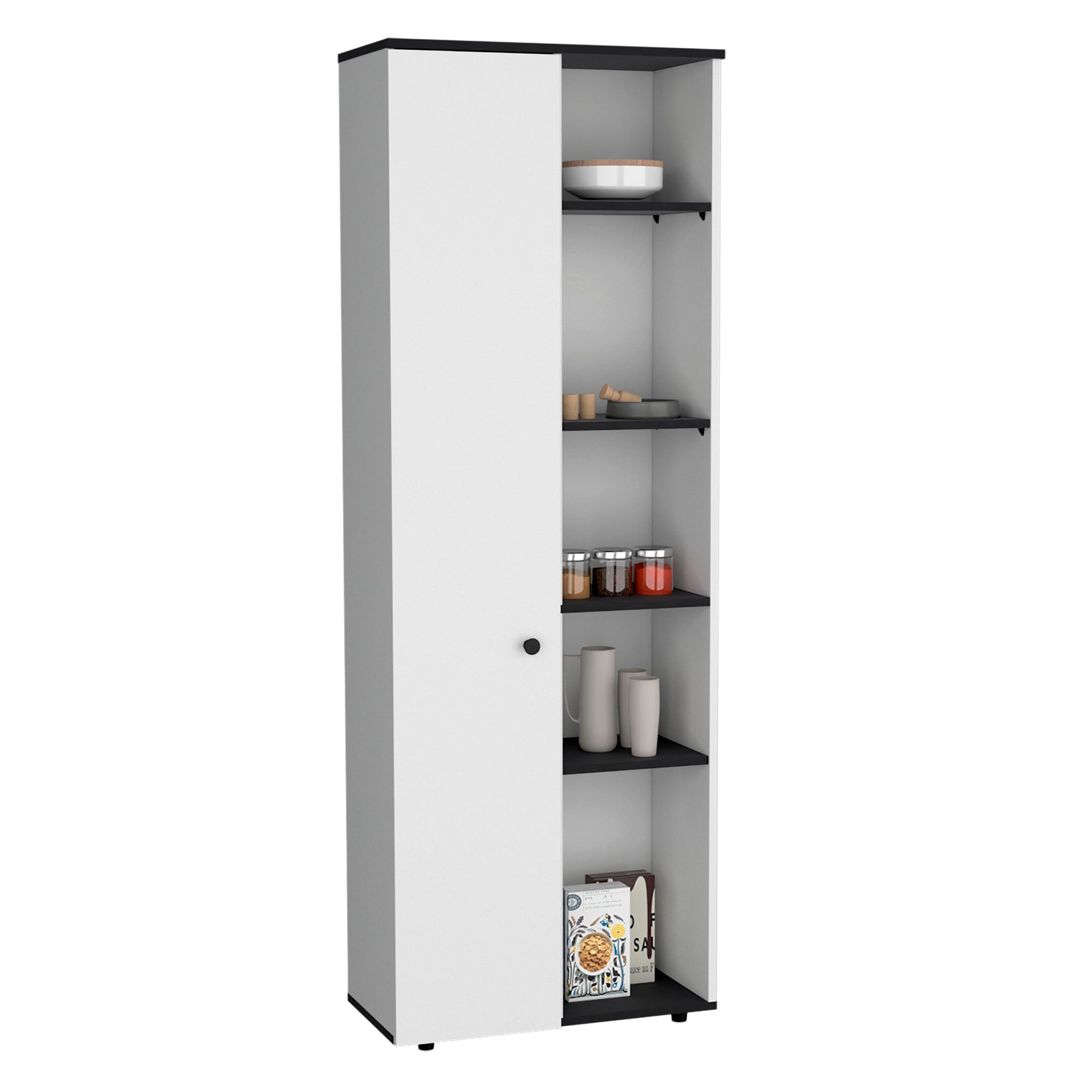 Cary 67" H Kitchen Storage Cabinet With One Door, Five Interior Shelves And Five Exterior Shelves,White Black White Black Particle Board Pine