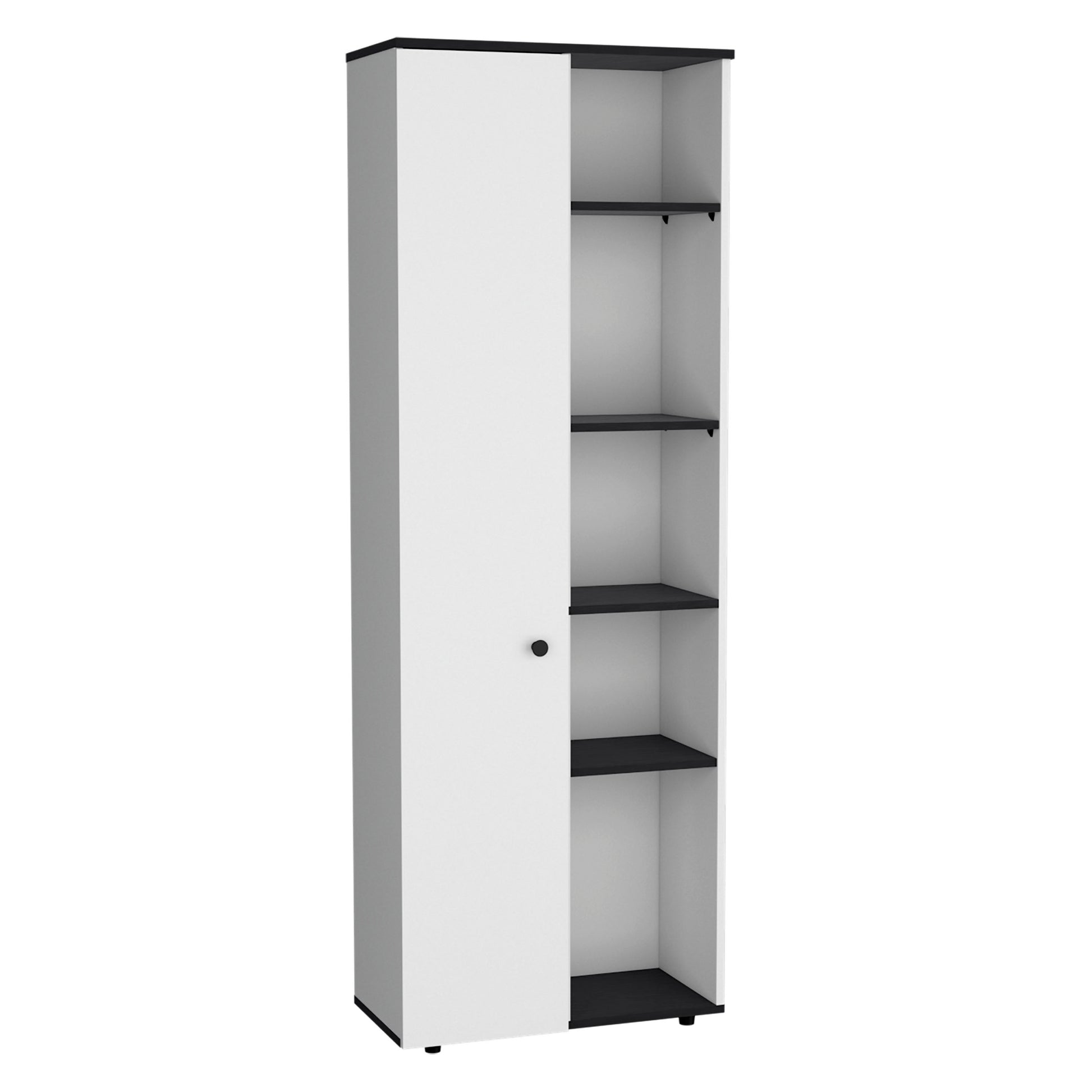 Cary 67" H Kitchen Storage Cabinet With One Door, Five Interior Shelves And Five Exterior Shelves,White Black White Black Particle Board Pine