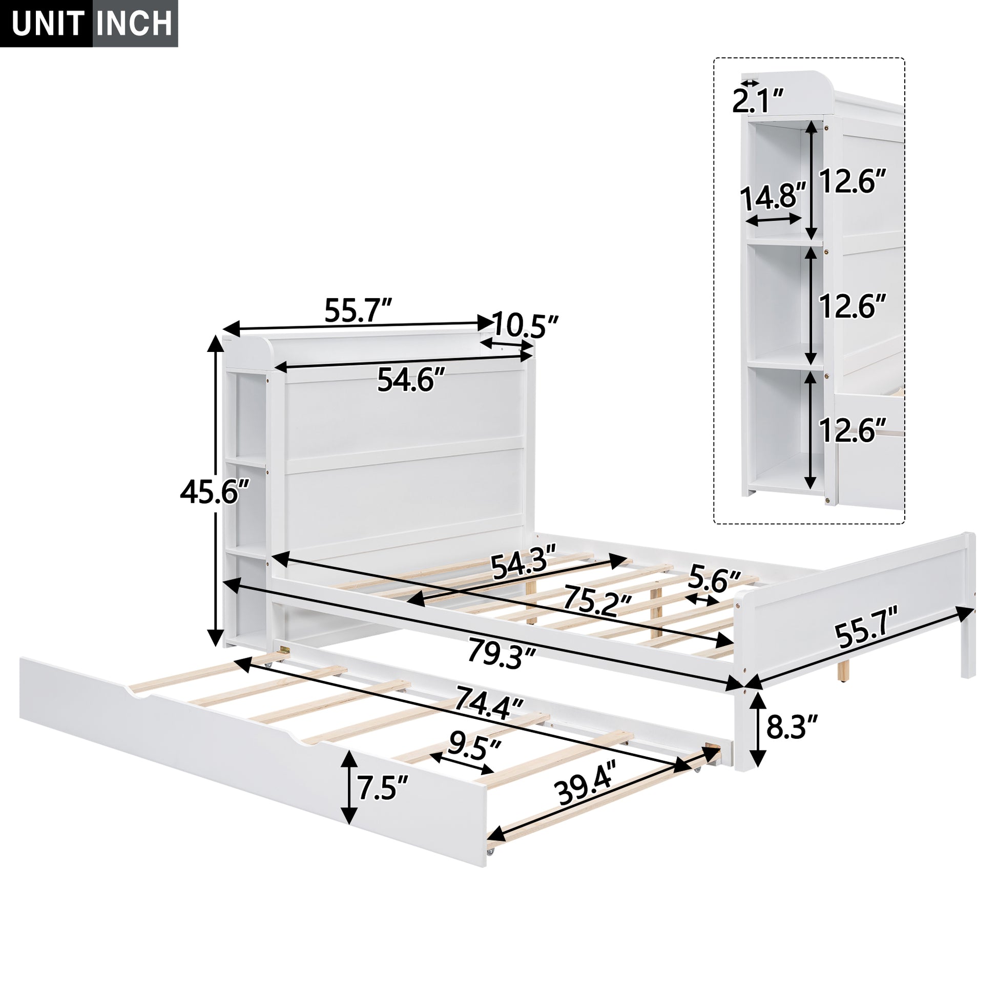 Full Size Platform Bed With Storage Headboard And Twin Size Trundle, White Box Spring Not Required Full White Wood Bedroom Bed Frame Solid Wood Mdf