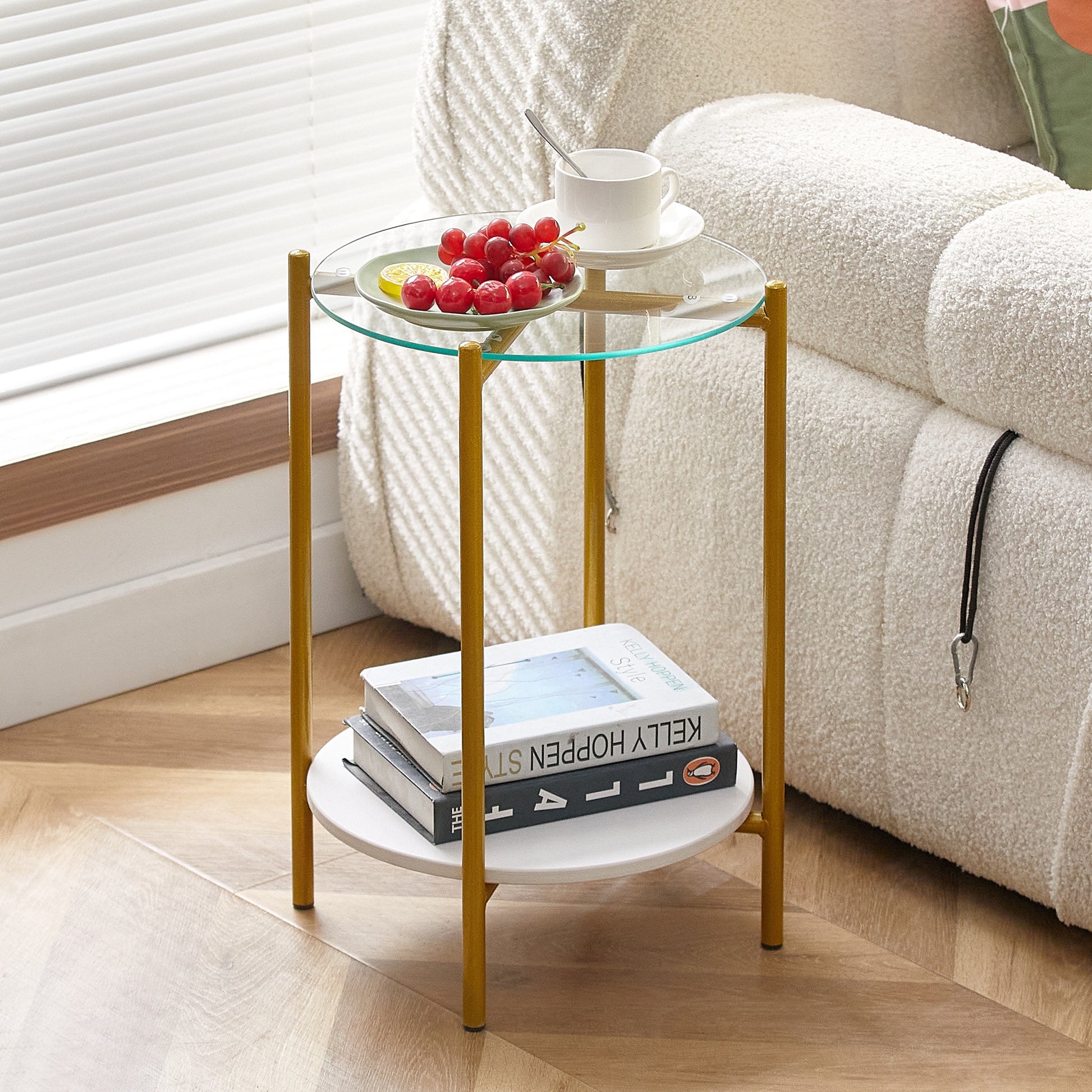 2 Layer End Table With Whole Marble Tabletop, Round Coffee Table With Black Metal Frame For Bedroom Living Room Office Transparent,1 Piece Transparent Glass Metal