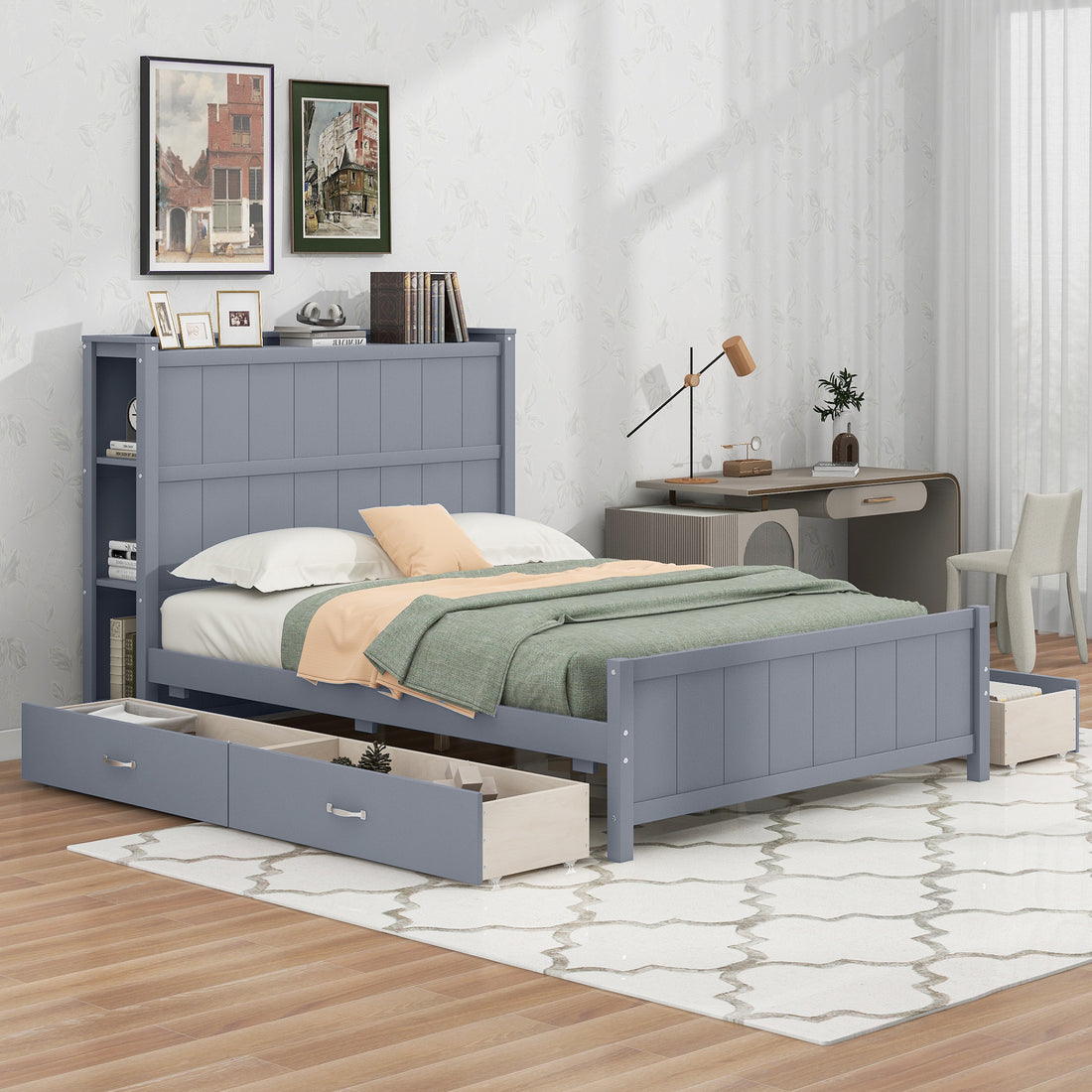 Full Size Platform Bed With Drawers And Storage Shelves, Gray Gray Solid Wood Mdf