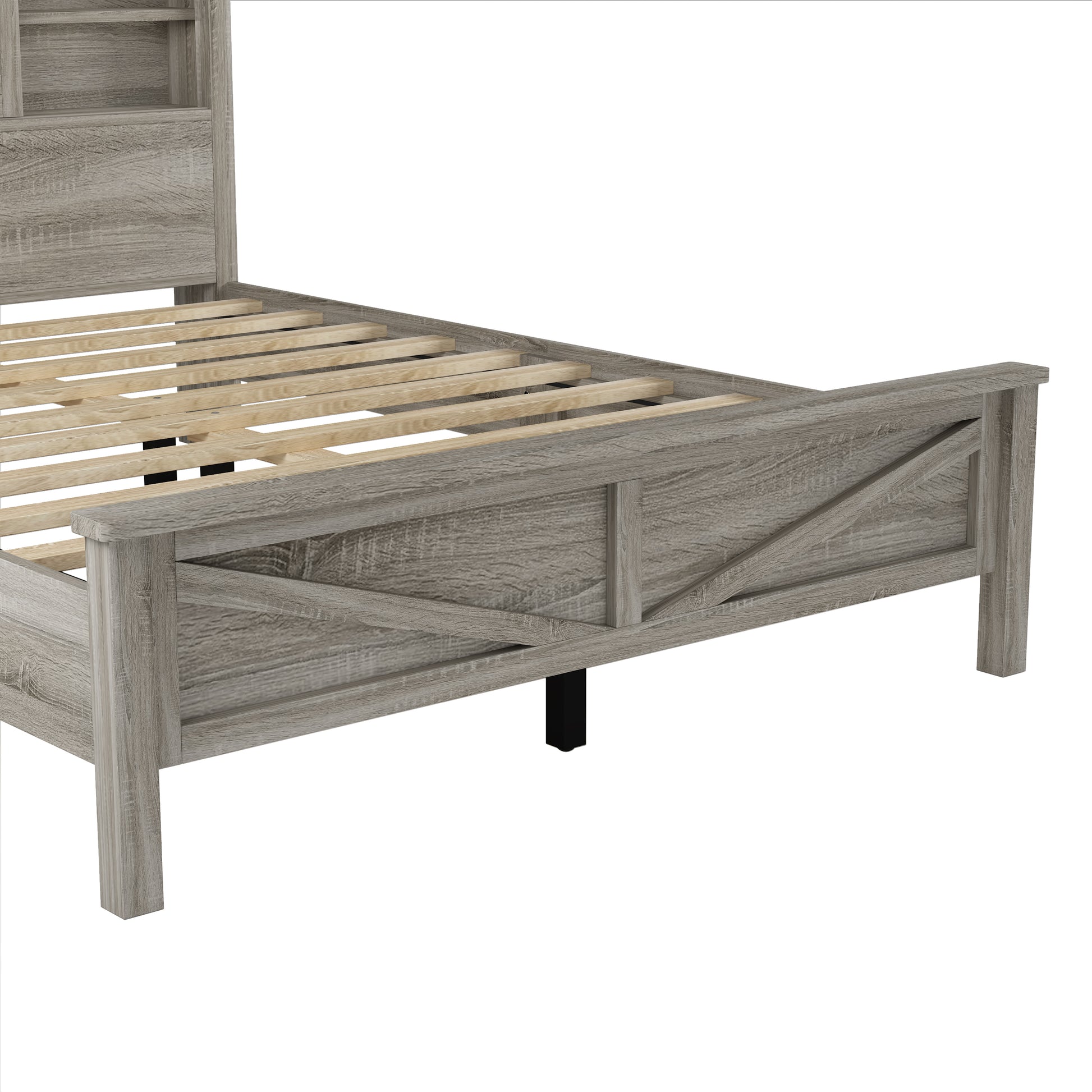Farmhouse Platform Bed With Double Sliding Barn Door, Queen Size Rustic Wood Bed Withcharging Station, Wood Slats Support, Antique Gray Antique Gray Particle Board