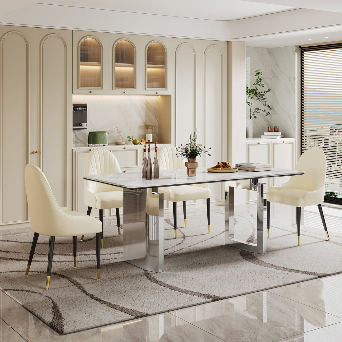 0.47" Thick Sintered Stone Composite Tempered Glass Top Rectangular Dining Table With Stainless Steel Base Gold Sintered Stone