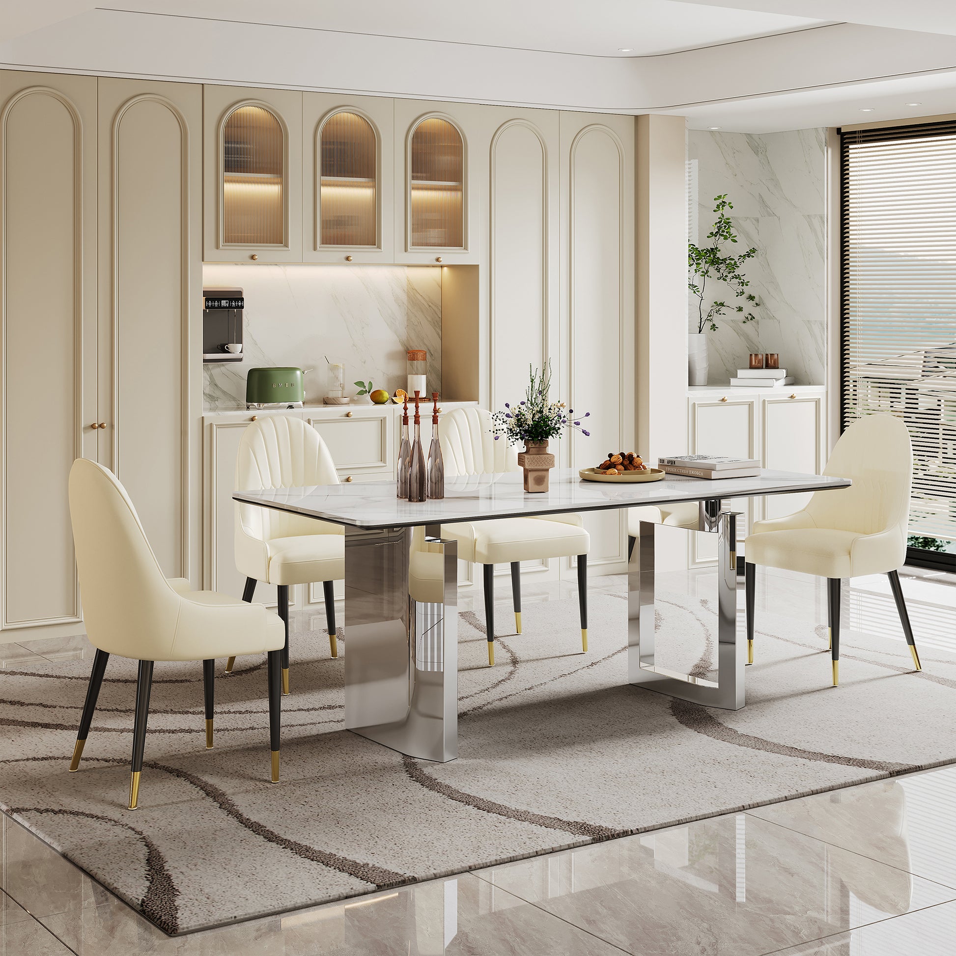 0.47" Thick Sintered Stone Composite Tempered Glass Top Rectangular Dining Table With Stainless Steel Base Gold Sintered Stone